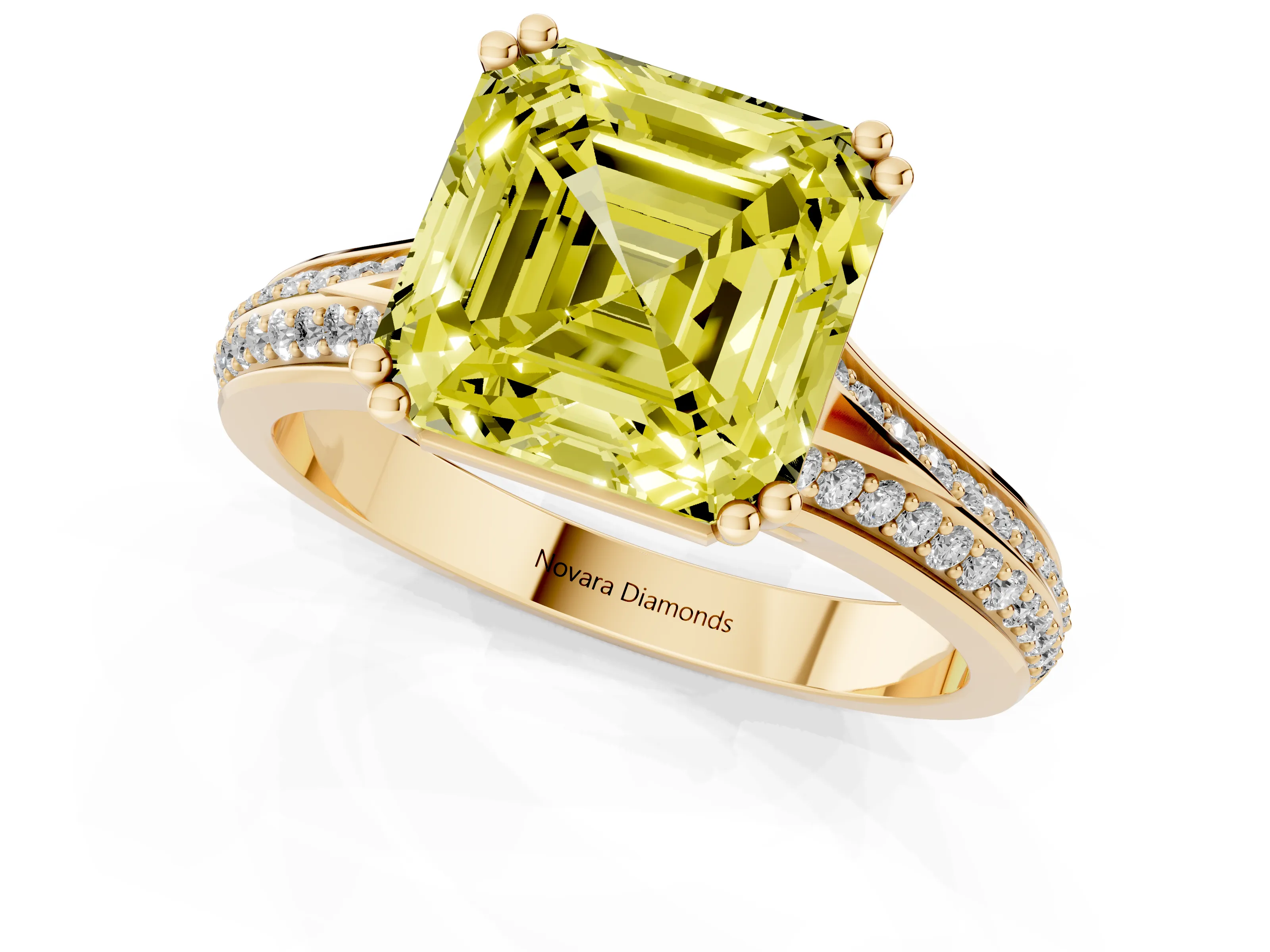 Fancy Yellow Asscher Cut Diamond Split Shank Pavé Engagement Ring Set in Yellow gold with Prong-Set Center Stone