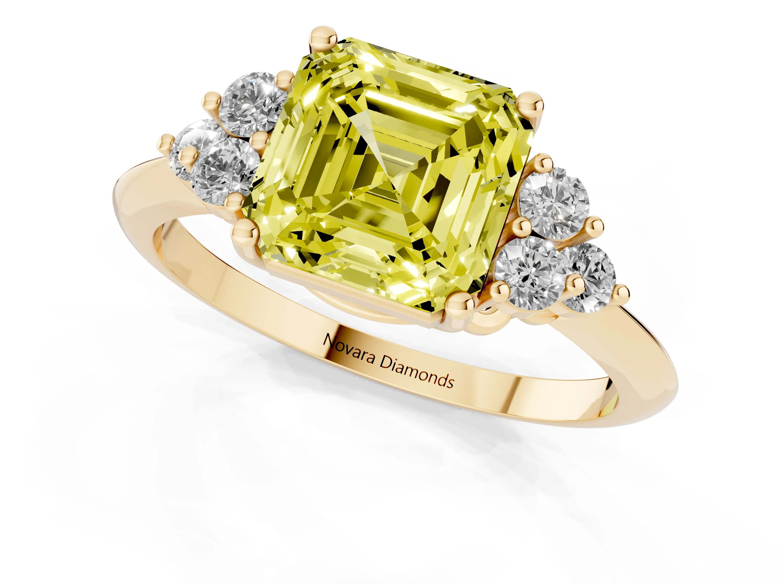 Fancy Yellow Asscher Cut Diamond Cluster Ring Set in Yellow gold with Plain Band and Prong Setting
