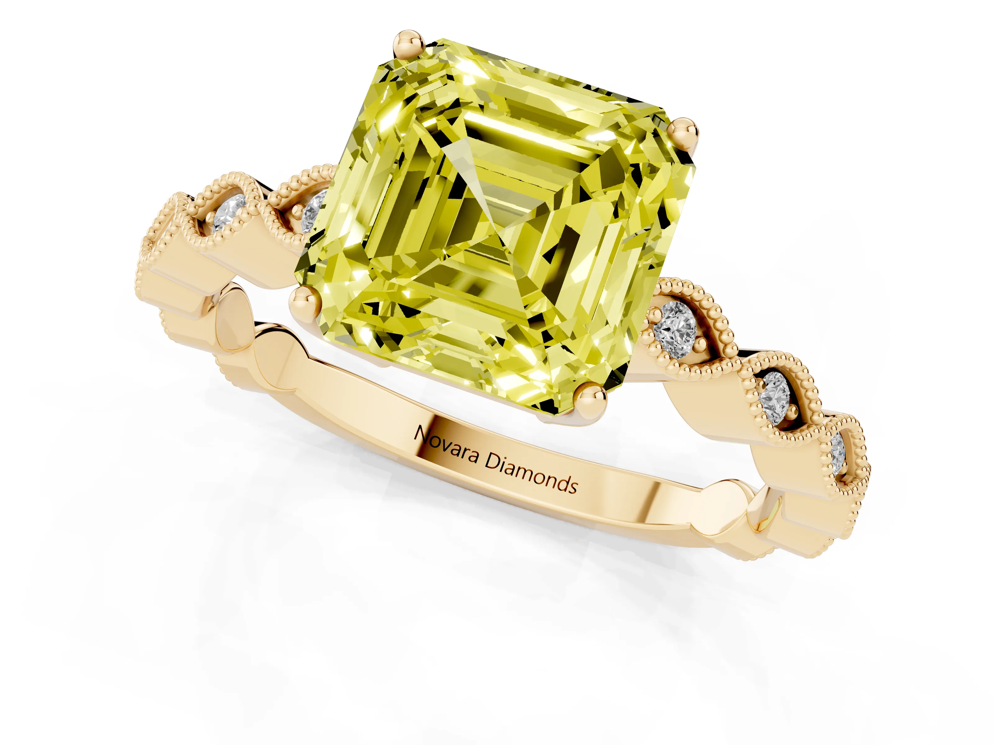 Fancy Yellow Asscher Cut Diamond Solitaire Ring Set in Yellow gold with Infinity Twist Pavé Band