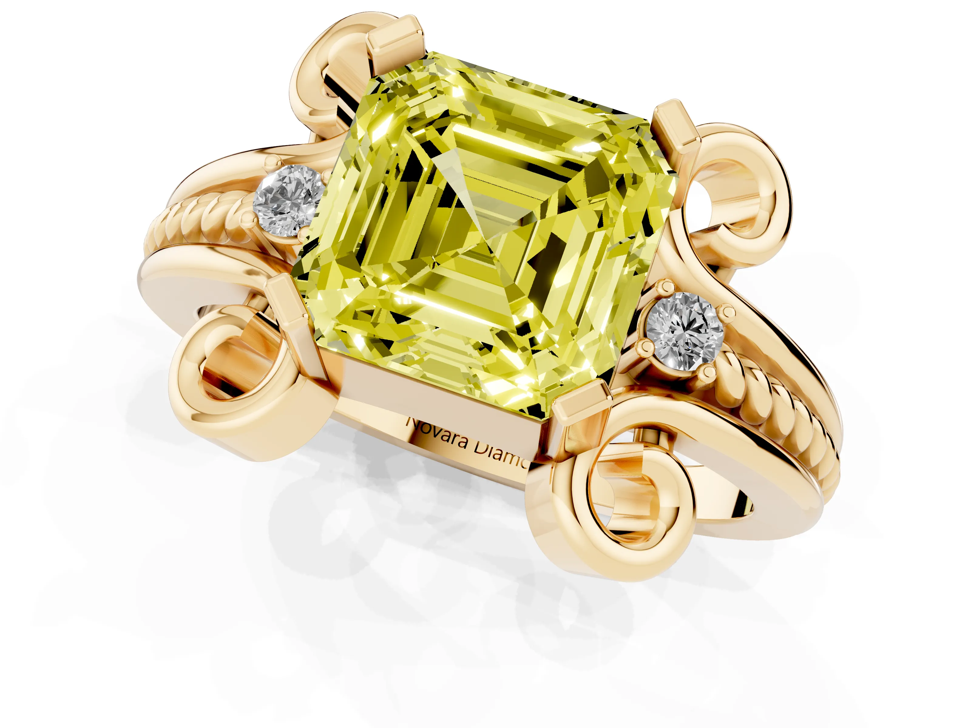 Fancy Yellow Asscher Cut Diamond Twisted Band Solitaire Ring Set in Yellow gold with Scroll Prongs