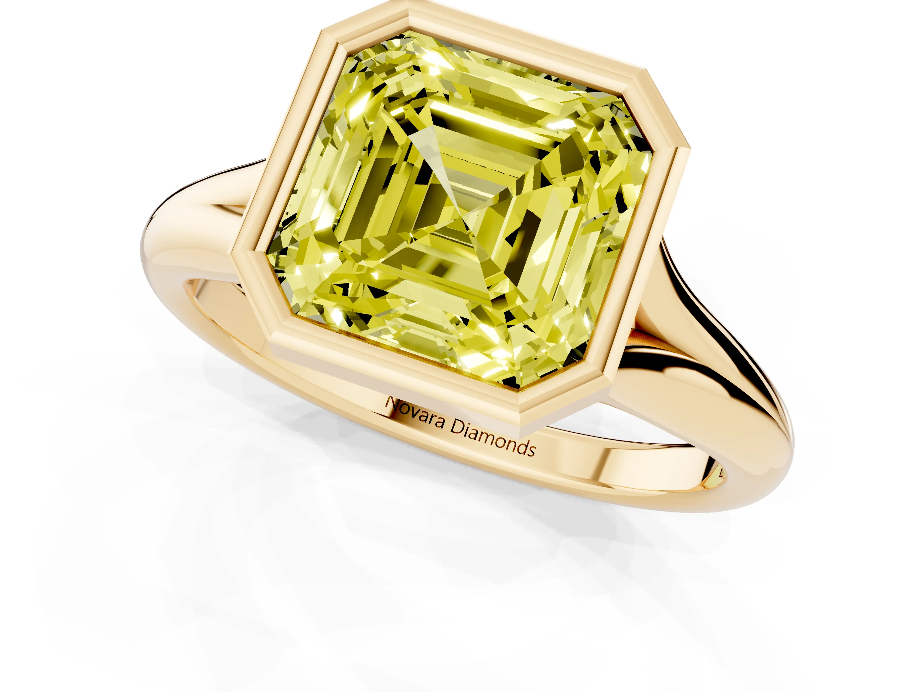 Fancy Yellow Bezel Set Asscher Cut Diamond Solitaire Ring Set in Yellow gold with Smooth Band