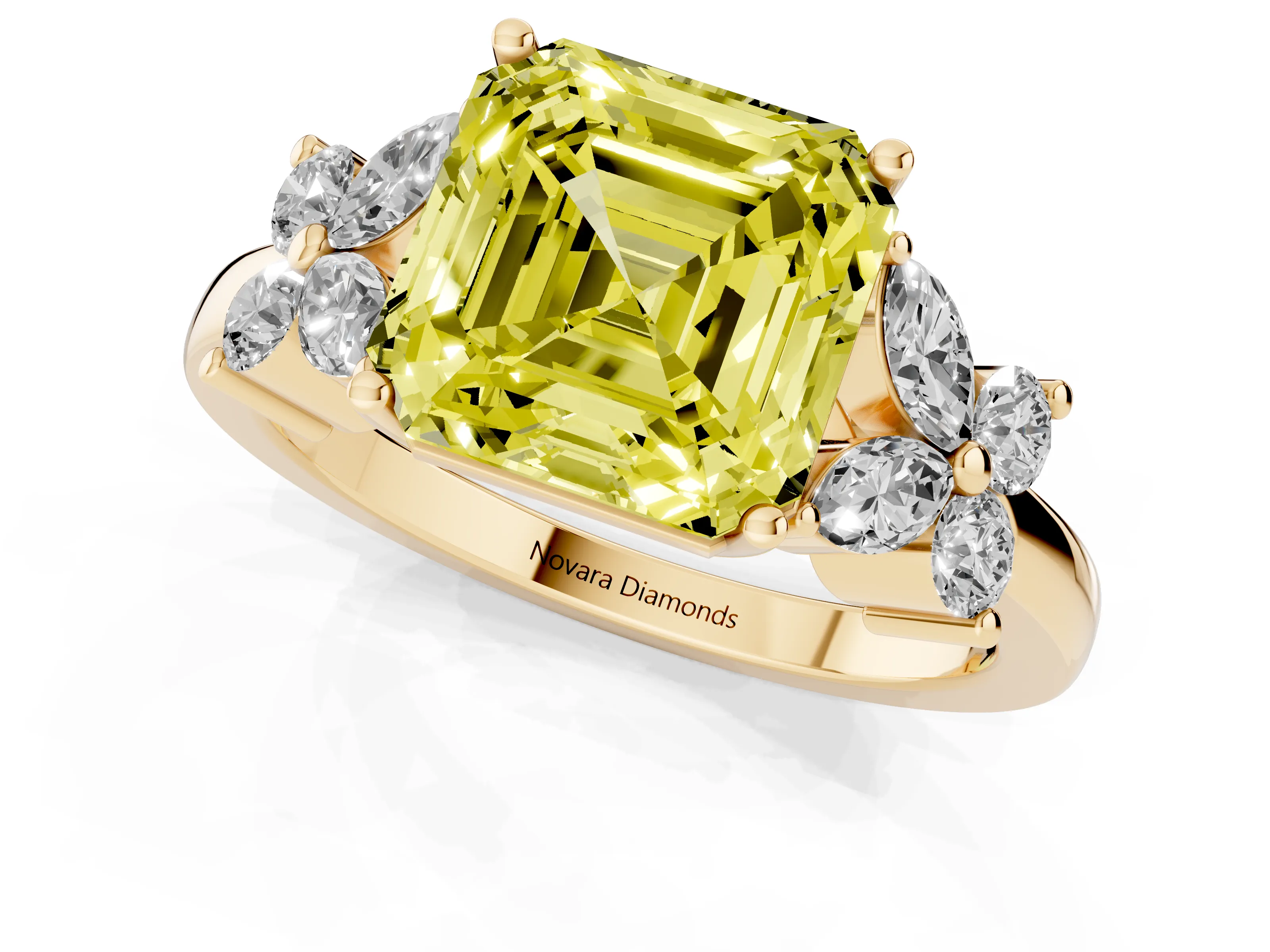 Fancy Yellow Asscher Cut Diamond Floral Cluster Ring Set in Yellow gold with Marquise Petals and Prong Setting