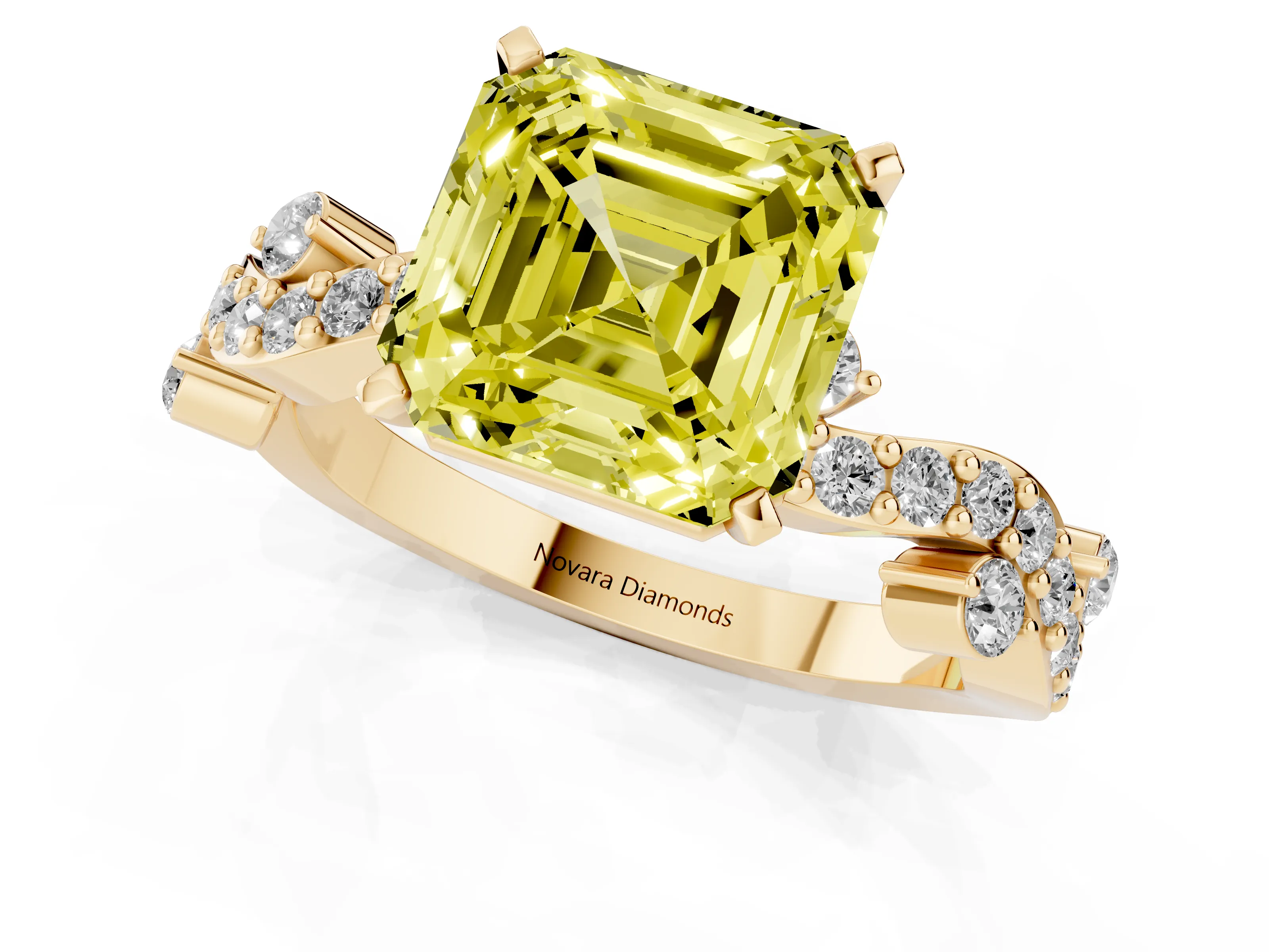 Fancy Yellow Asscher Cut Diamond Solitaire Twisted Band Set in Yellow gold with Pavé Setting