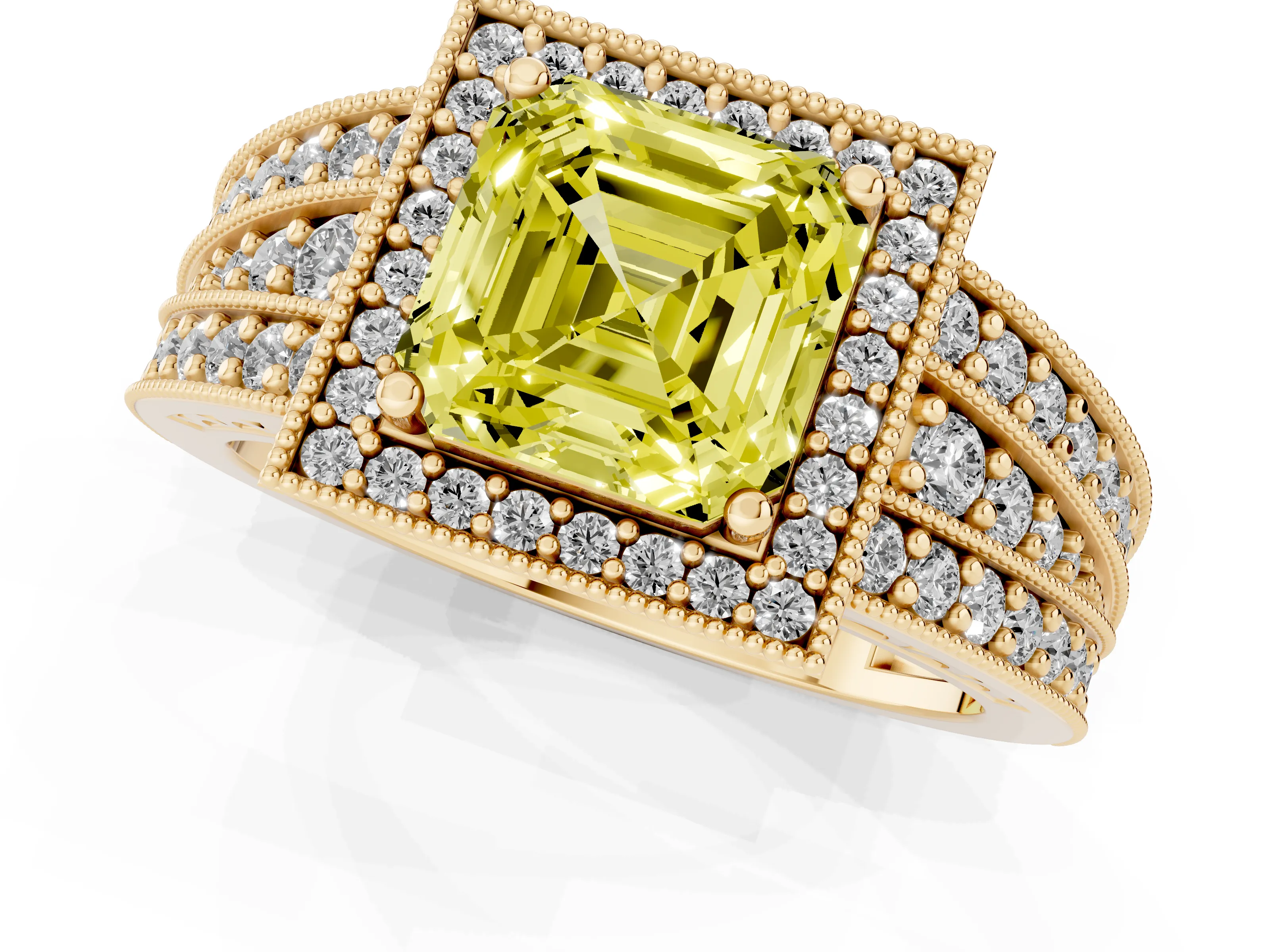 Fancy Yellow Asscher Cut Diamond Halo Ring Set in Yellow gold with Accent Split Shank and Prong Setting