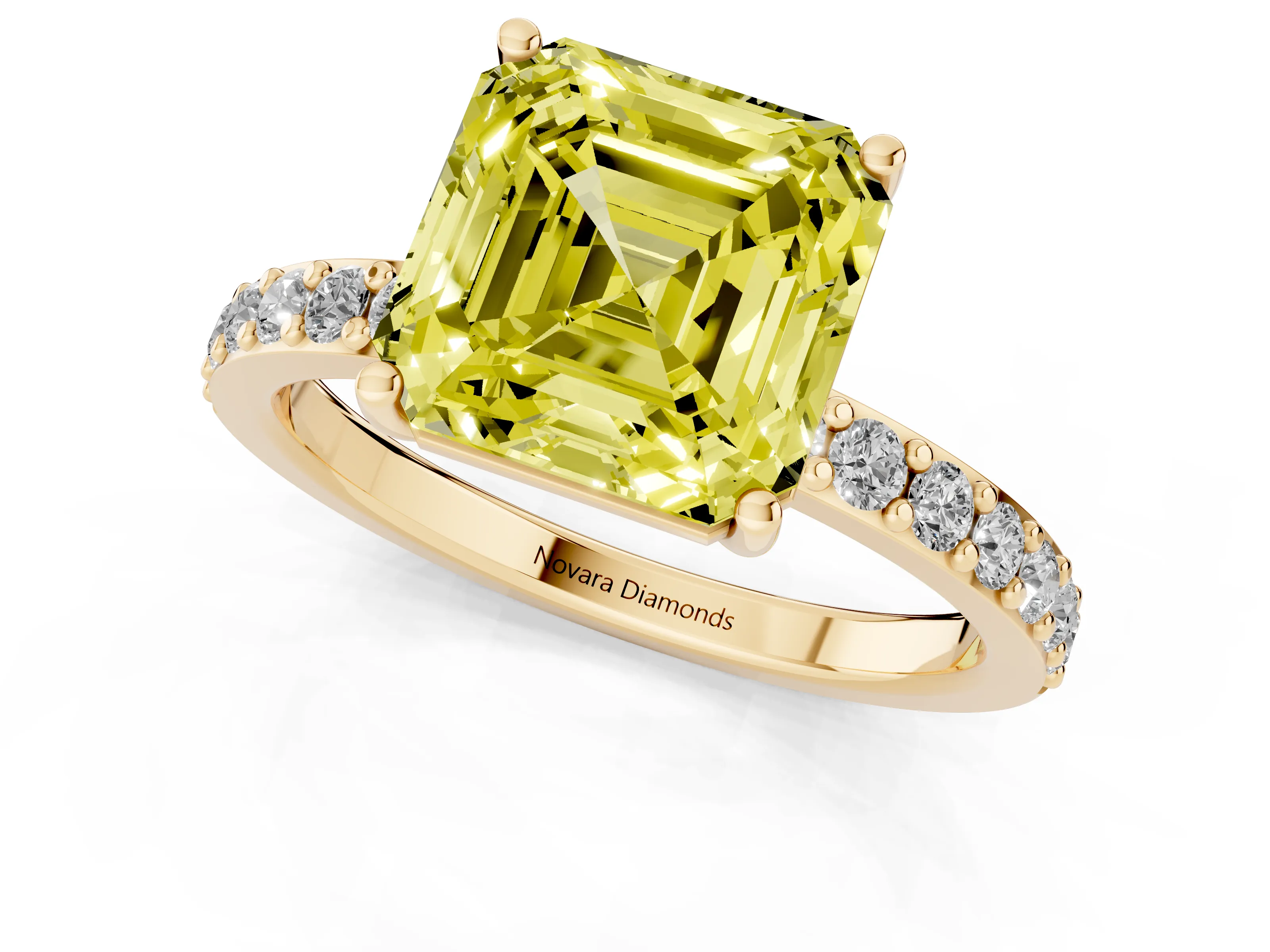 Fancy Yellow Asscher Cut Diamond Solitaire Set in Yellow gold with Round Pavé Band and Prong Setting
