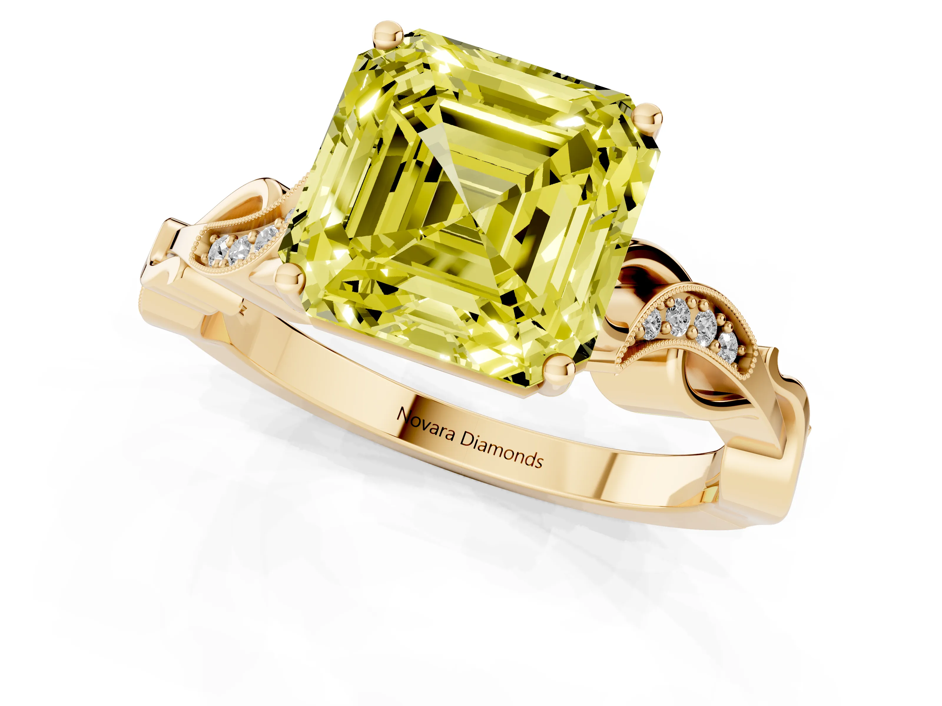 Fancy Yellow Asscher Cut Diamond Vine Band Solitaire Ring Set in Yellow gold with Milgrain Prong Setting
