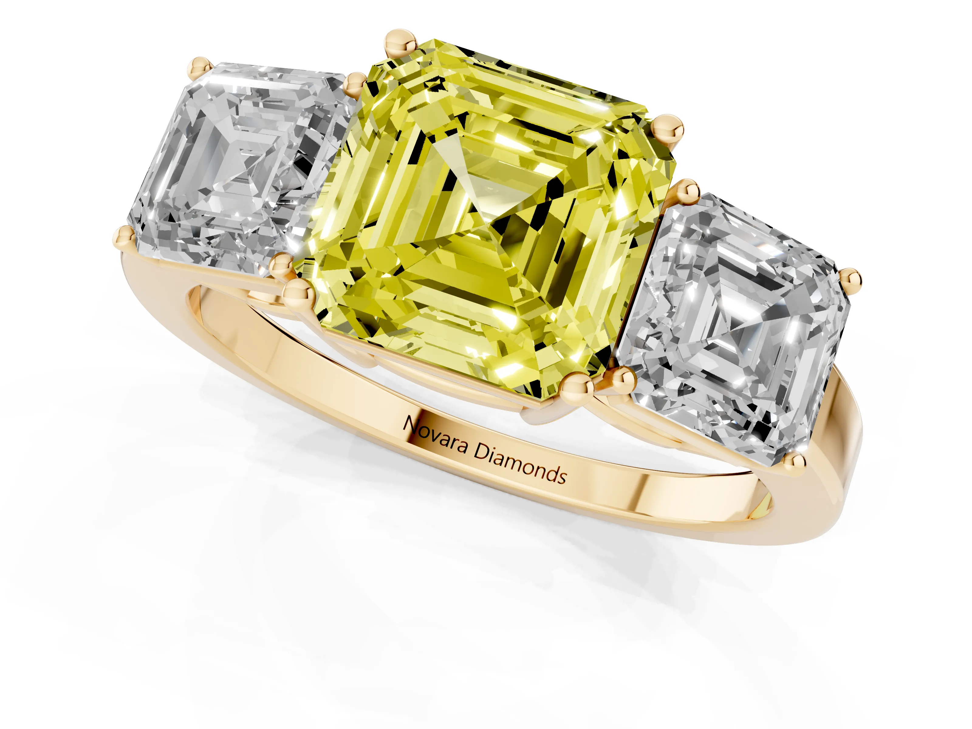 Fancy Yellow Asscher Cut Diamond Three-Stone Engagement Ring Set in Yellow gold with Flat Band