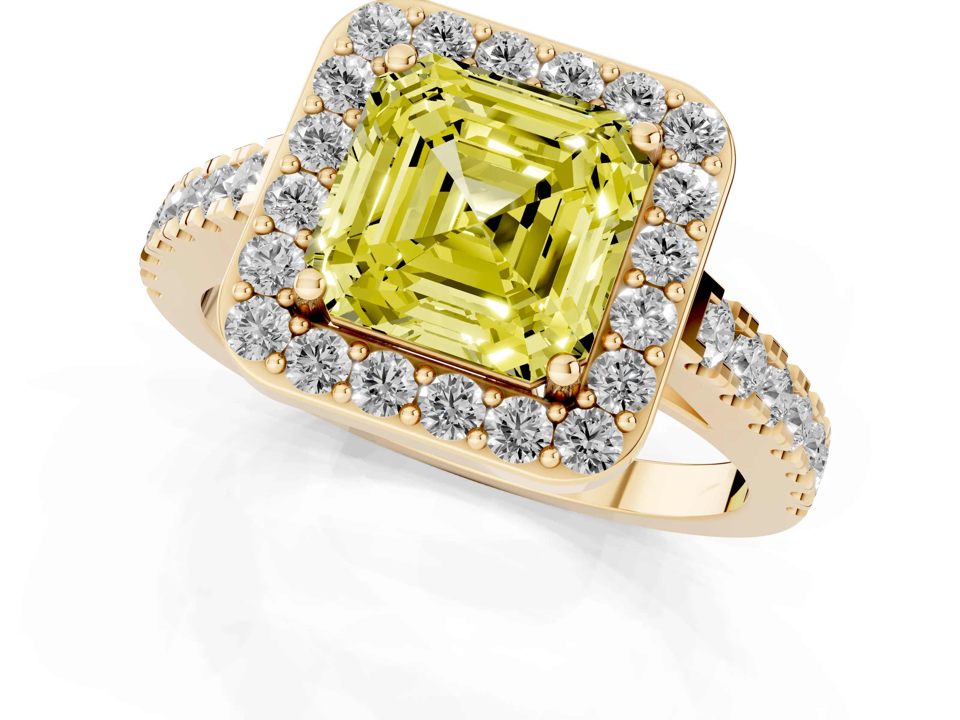 Fancy Yellow Asscher Cut Diamond Halo Ring Set in Yellow gold with Round Pavé Split Shank and Prong Setting