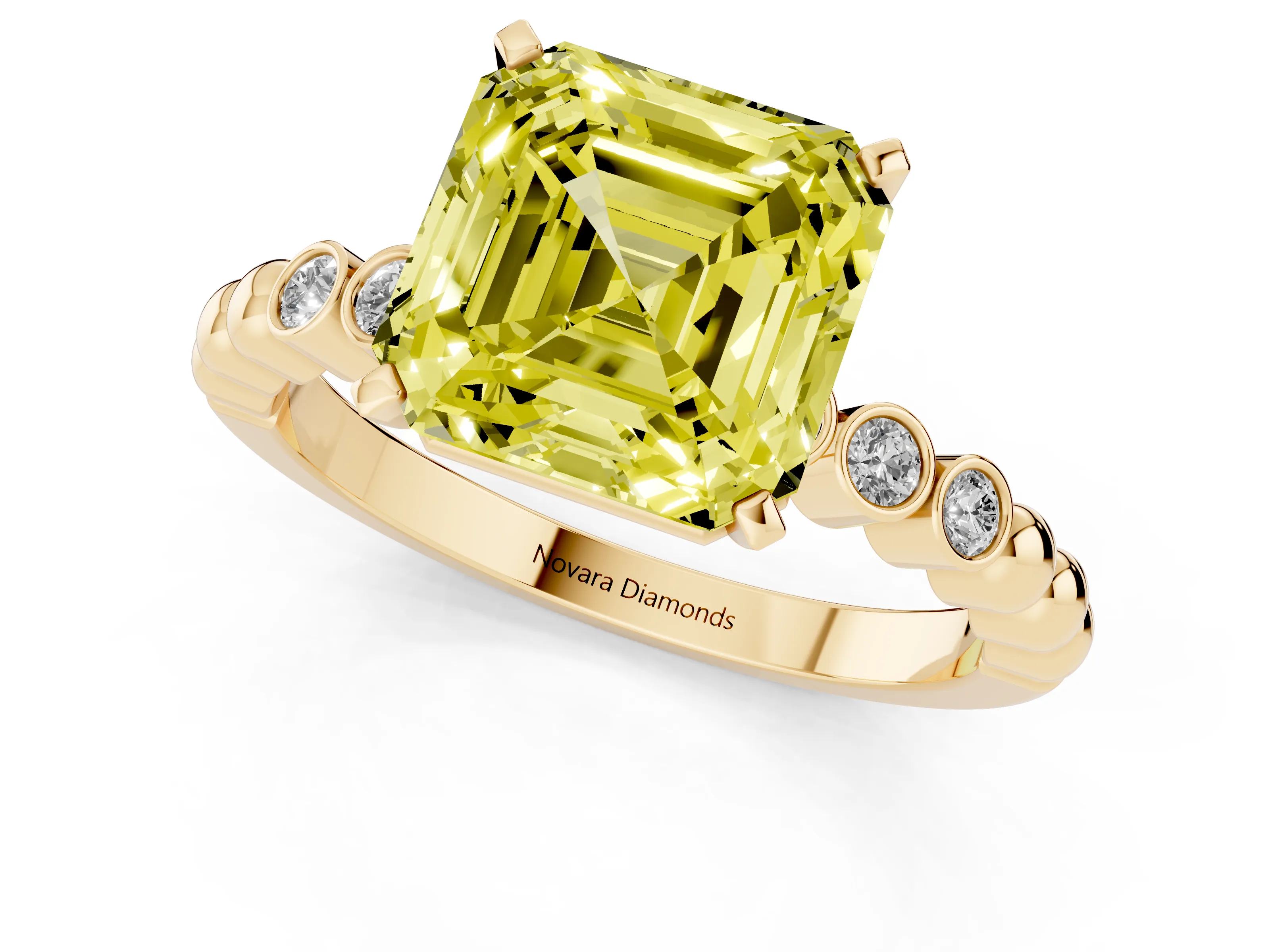 Fancy Yellow Asscher Cut Diamond Solitaire Engagement Ring Set in Yellow gold with Bezel Accents on Beaded Band – second view