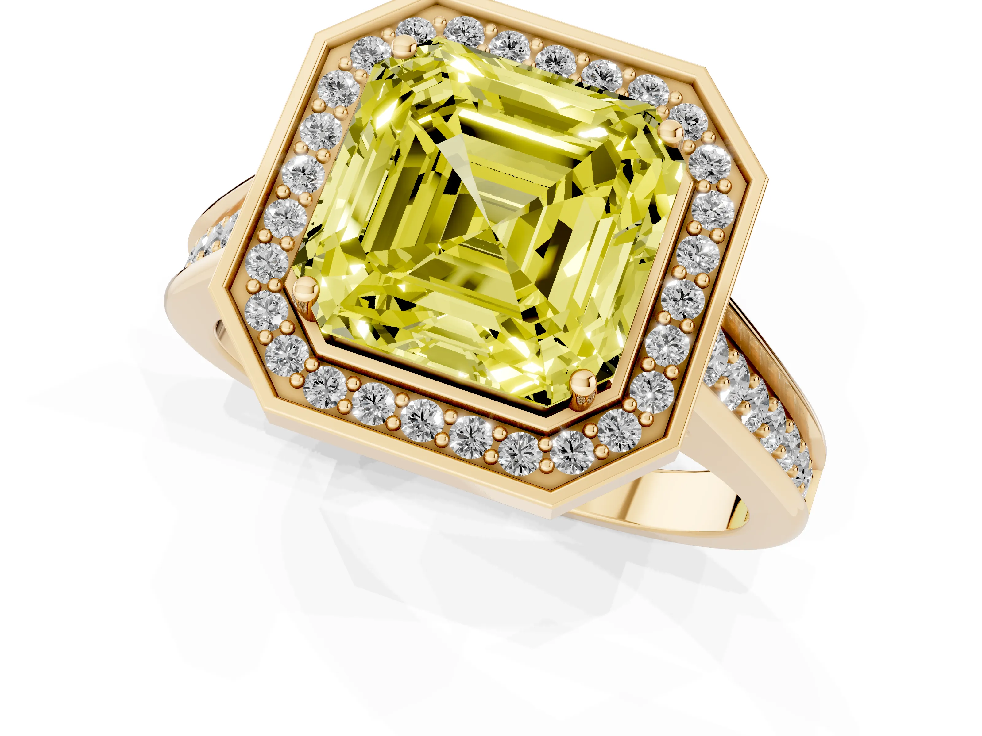Fancy Yellow Asscher Cut Diamond Halo Solitaire Ring Set in Yellow gold with Pavé Band and Bezel Setting