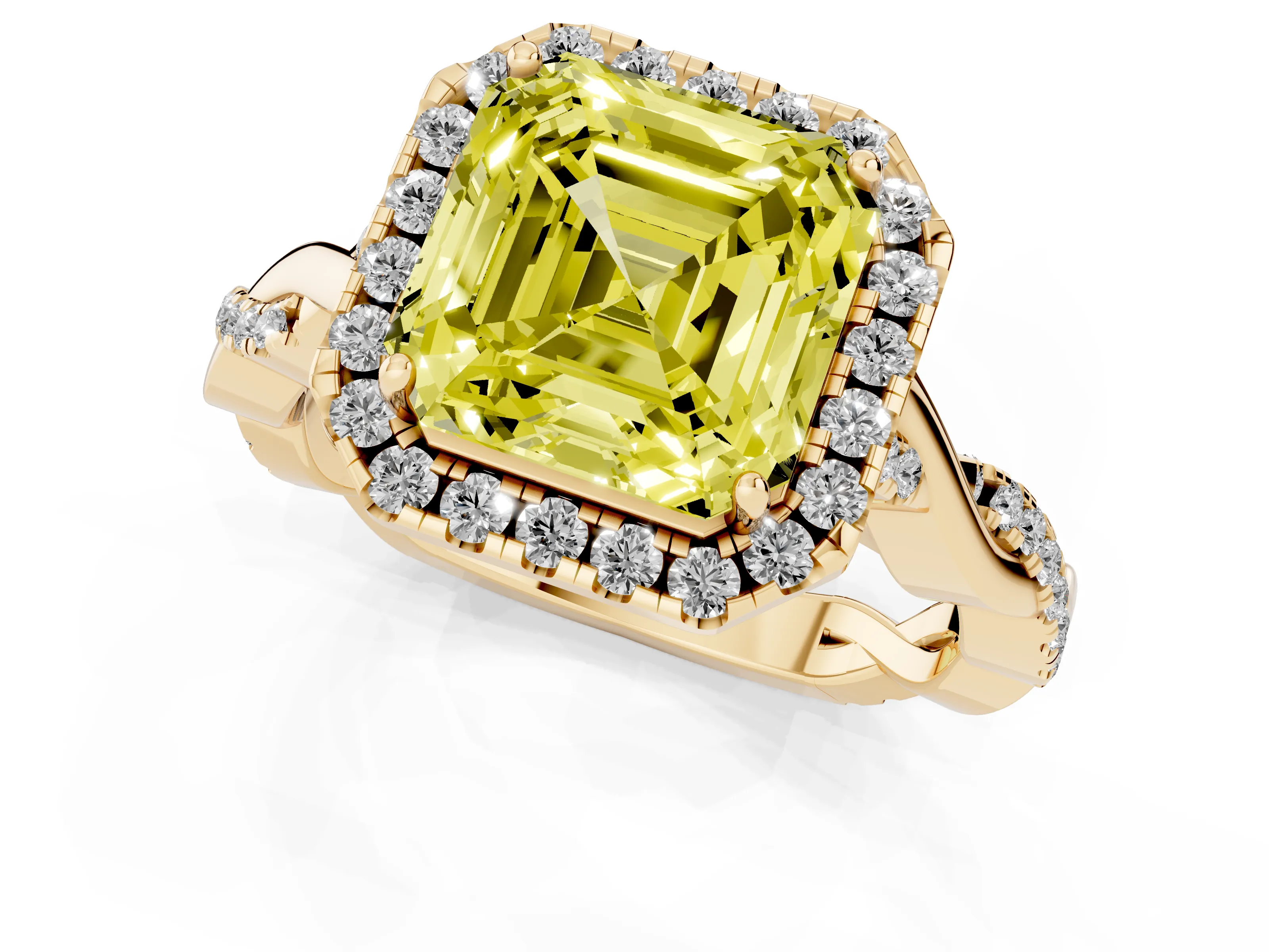 Fancy Yellow Asscher Cut Diamond Halo Twist Band Solitaire Ring Set in Yellow gold with Prong Setting