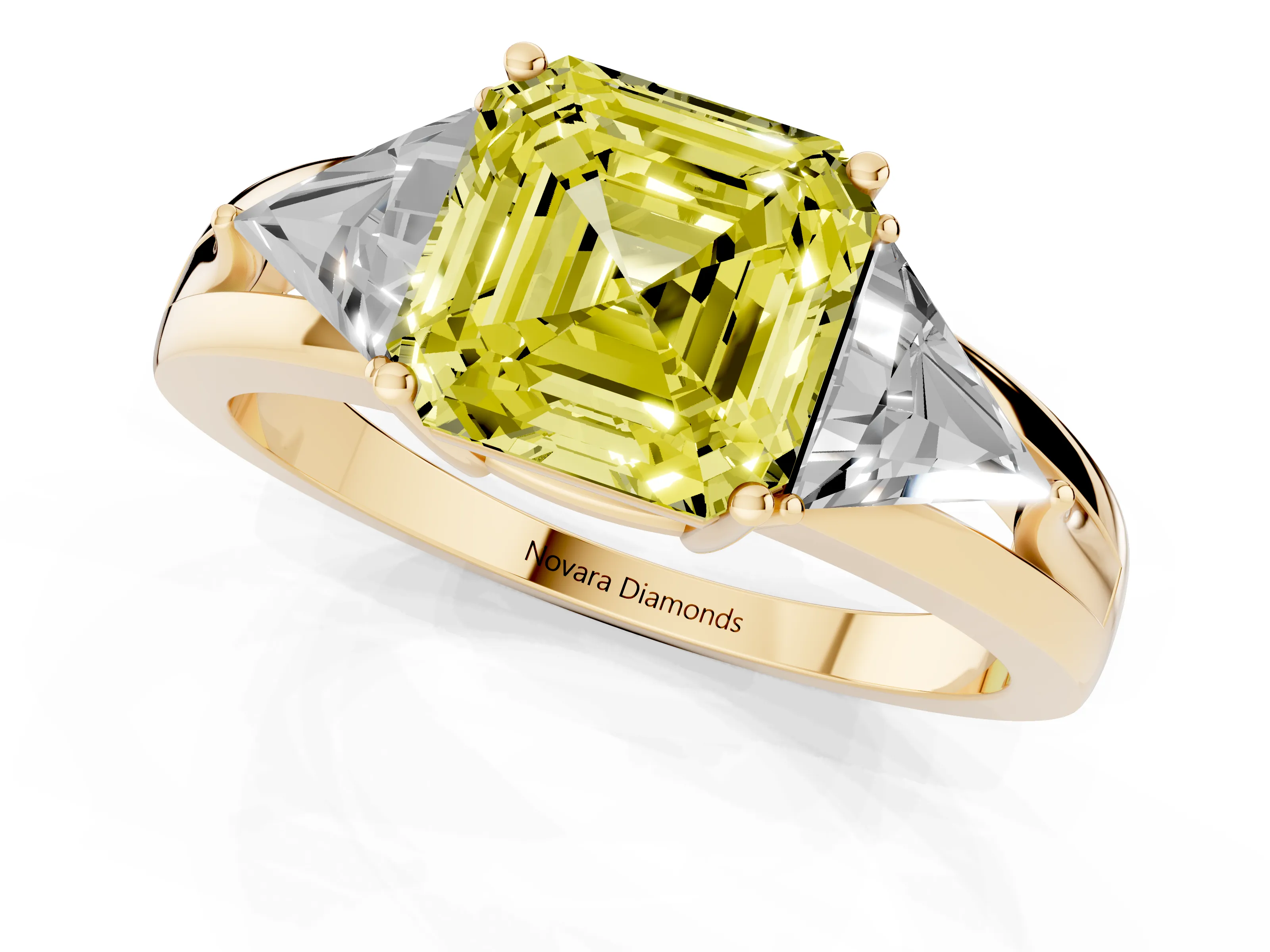 Fancy Yellow Asscher Cut Diamond Three-Stone Ring Set in Yellow gold with Trillion Side Stones and Split Shank