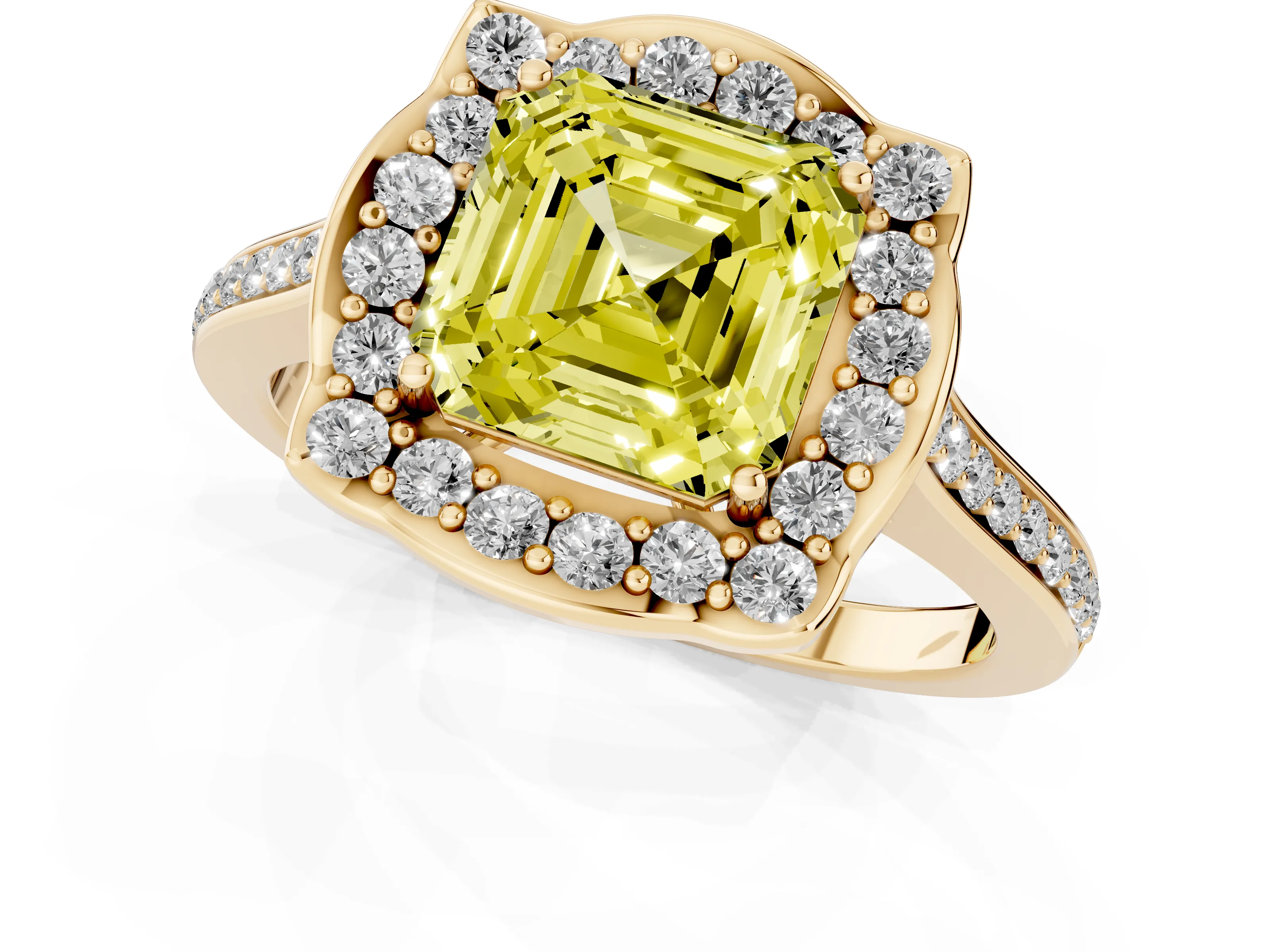 Fancy Yellow Asscher Cut Diamond Halo Ring Set in Yellow gold with Pavé-Lined Shoulders and Prong Setting