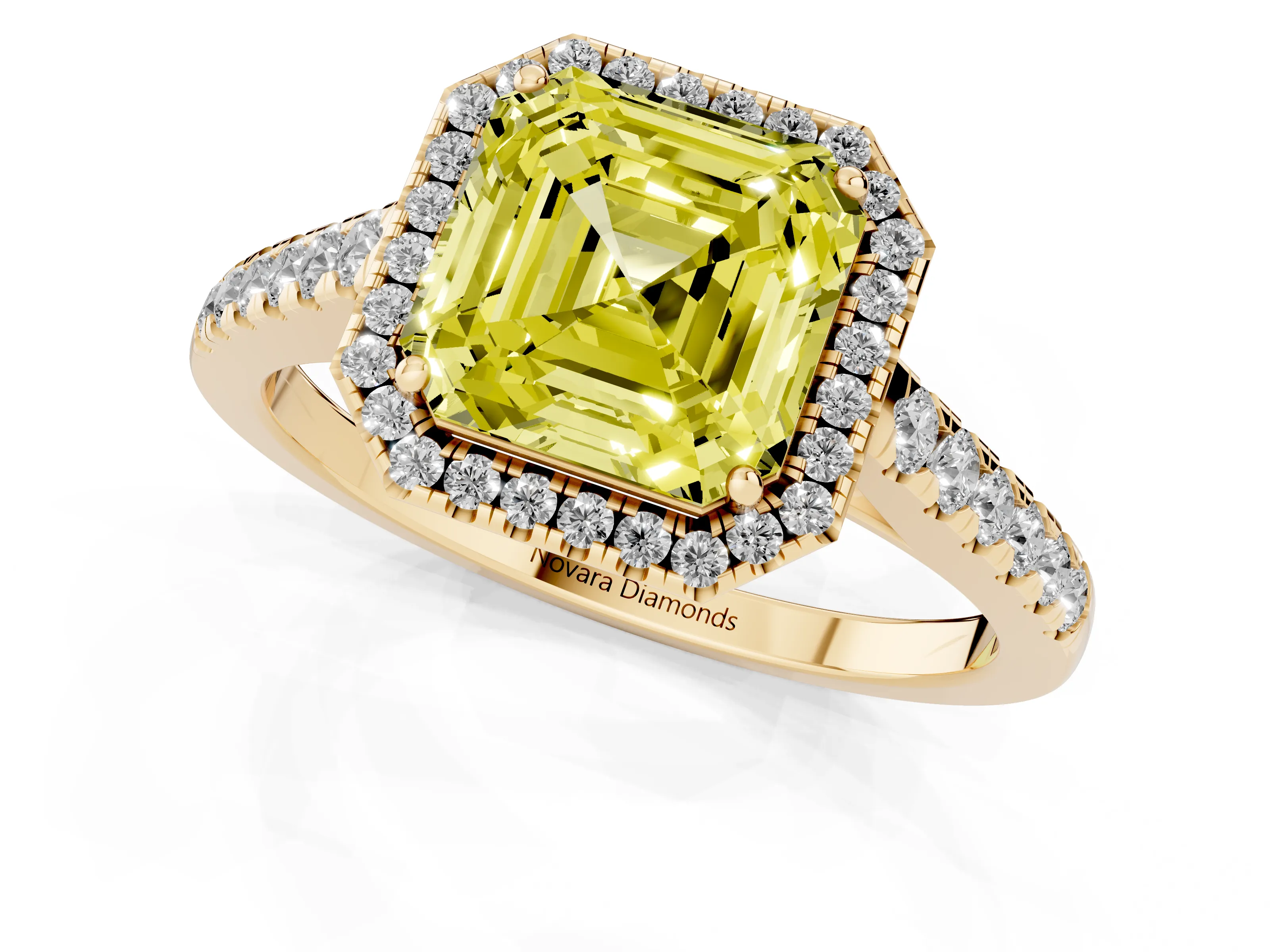 Fancy Yellow Asscher Cut Diamond Halo Pavé Engagement Ring Set in Yellow gold with Prong Setting