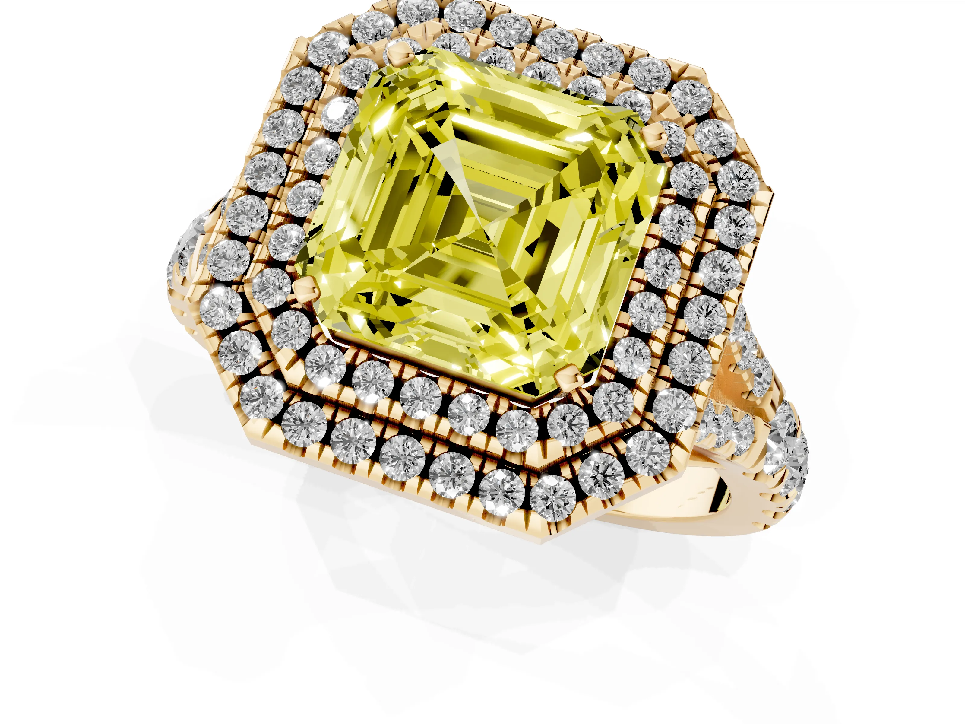 Fancy Yellow Asscher Cut Diamond Pavé Split Shank Double Halo Engagement Ring Set in Yellow gold