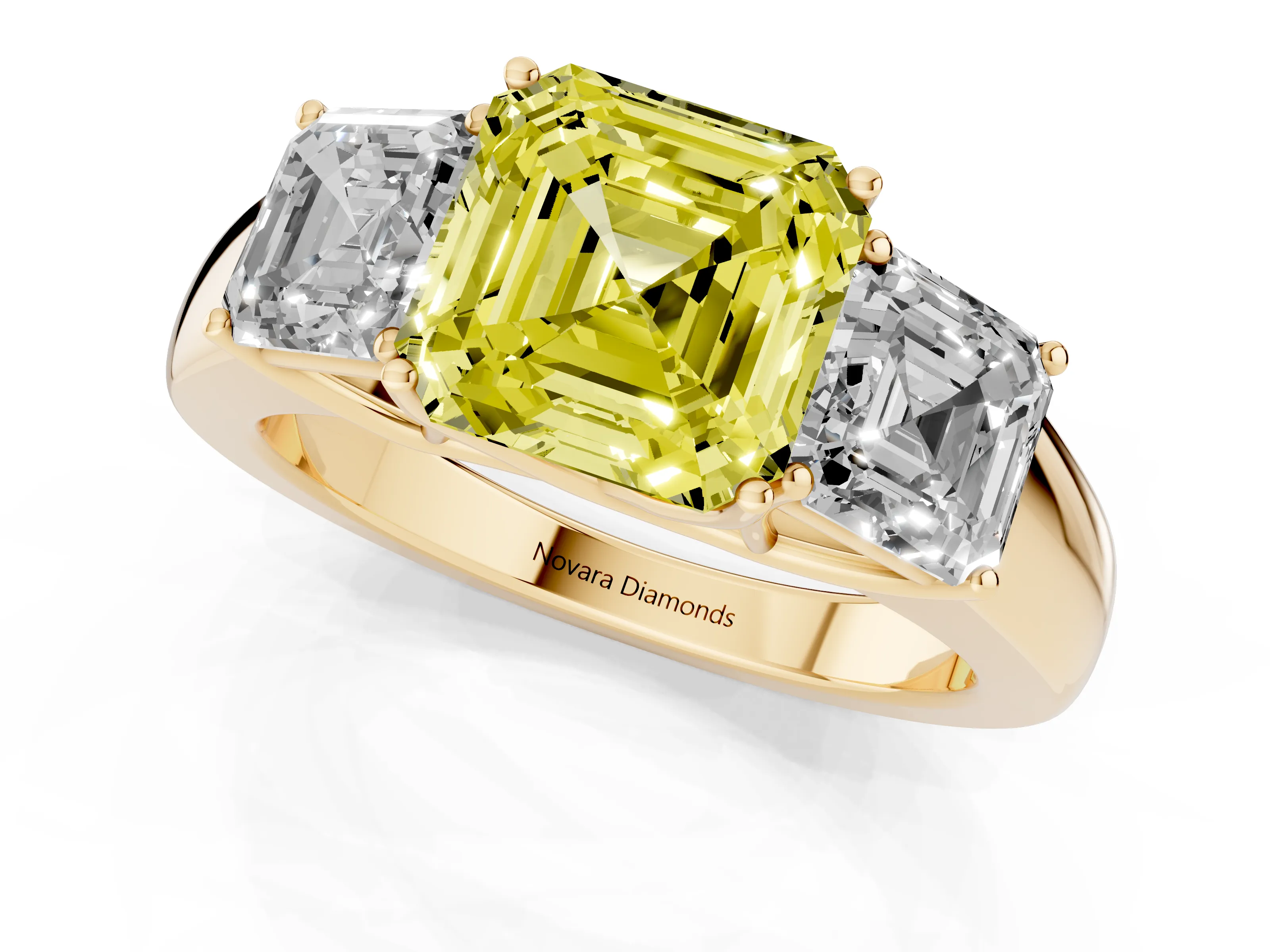 Fancy Yellow Three-Stone Asscher Cut Diamond Ring Set in Yellow gold with Matching Prong Settings and Plain Band