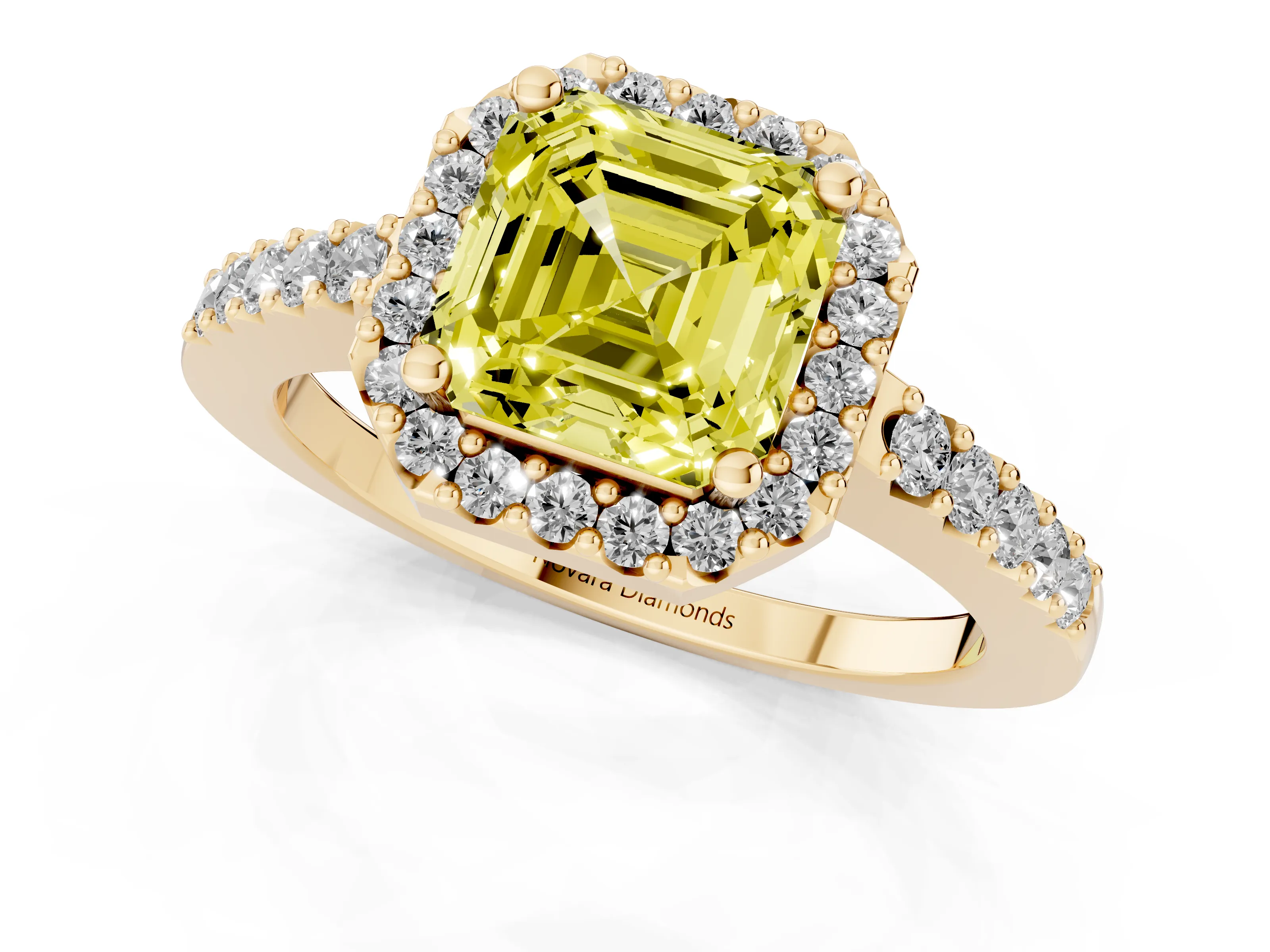 Fancy Yellow Asscher Cut Diamond Halo Pavé Solitaire Ring Set in Yellow gold with Prong-Set Center Stone