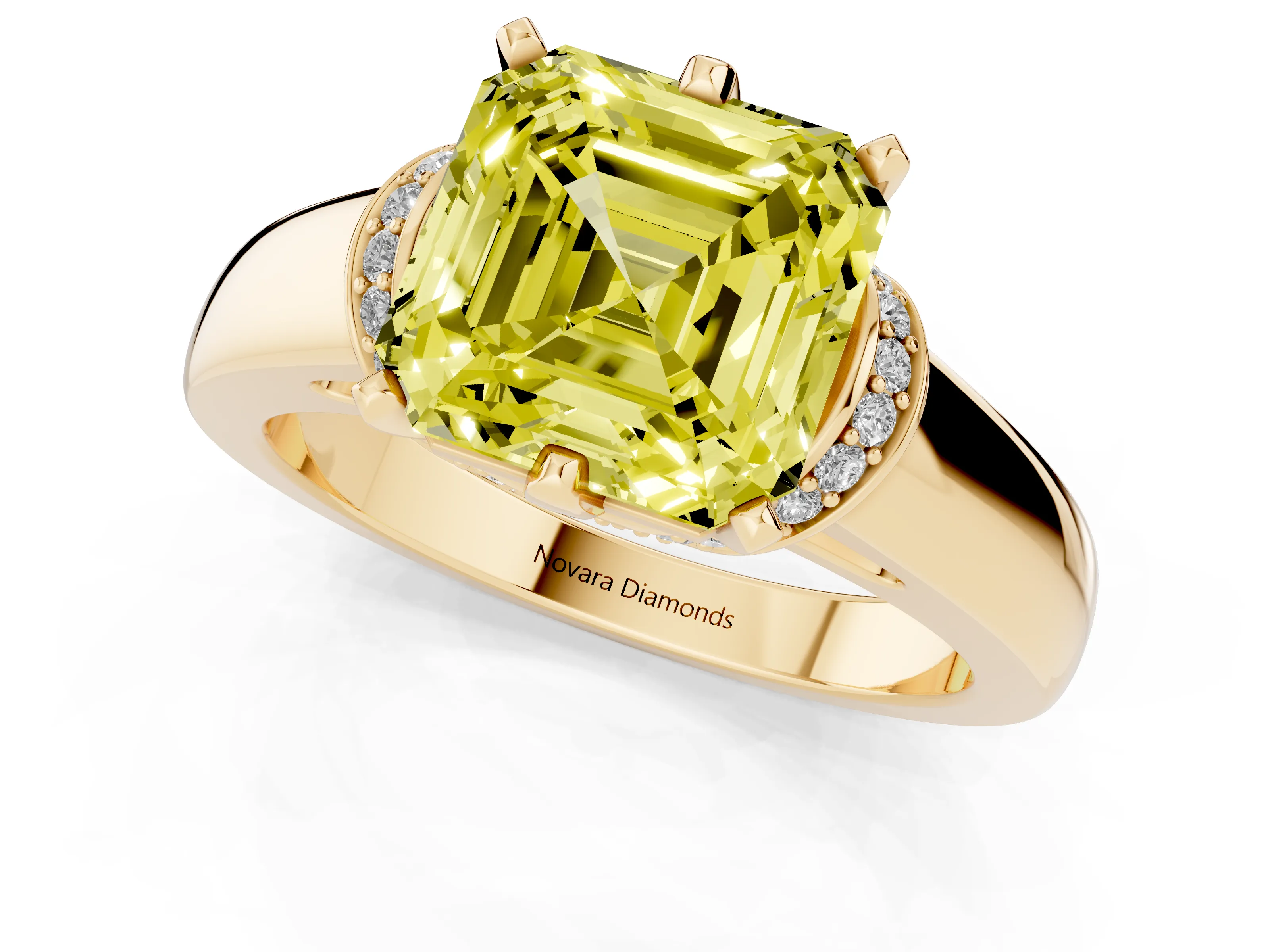 Fancy Yellow Asscher Cut Diamond Pavé Band Solitaire Ring Set in Yellow gold with Prong Setting