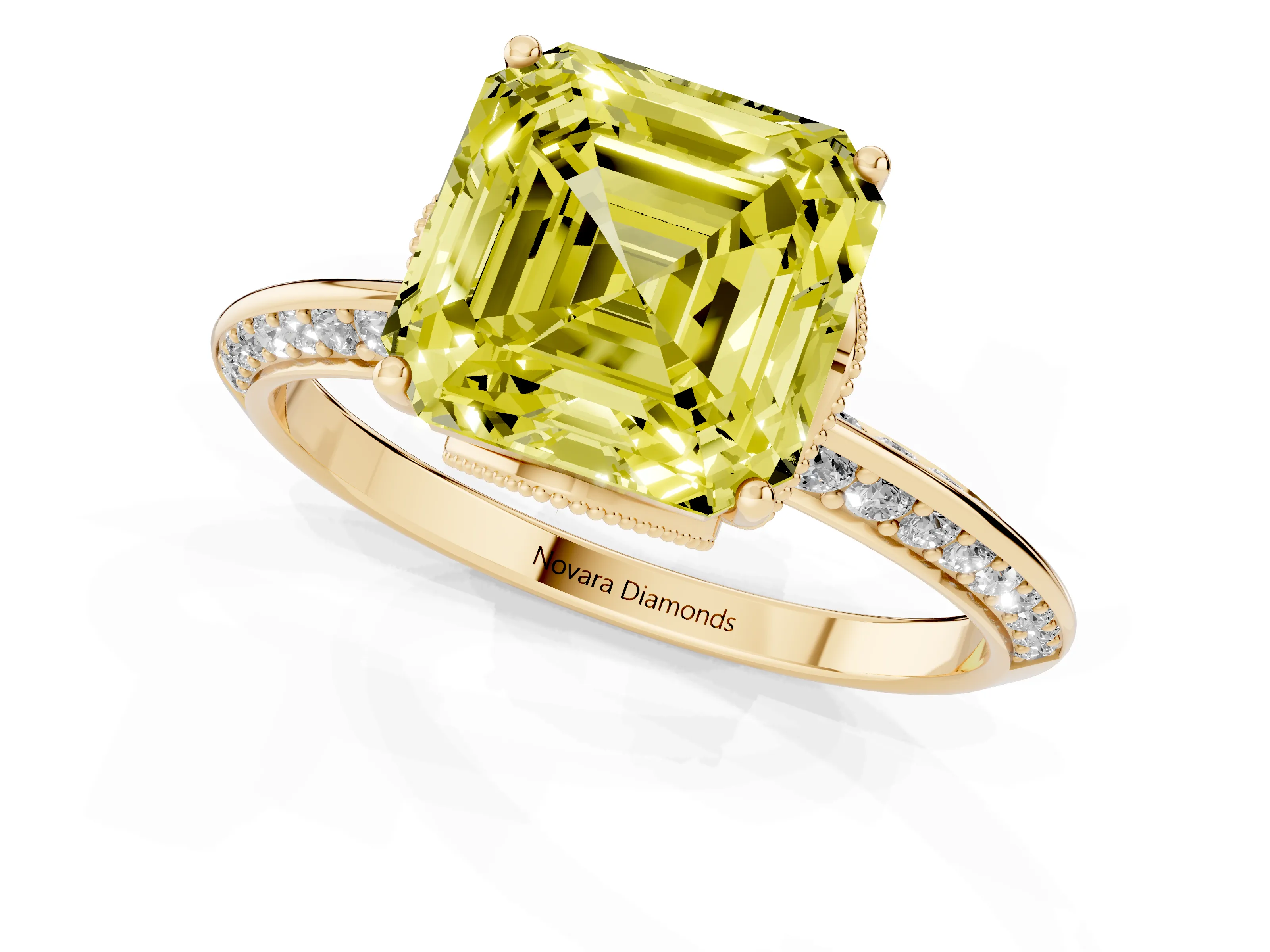 Fancy Yellow Asscher Cut Diamond Solitaire Engagement Ring Set in Yellow gold with Pavé Split Shank and Prong Setting