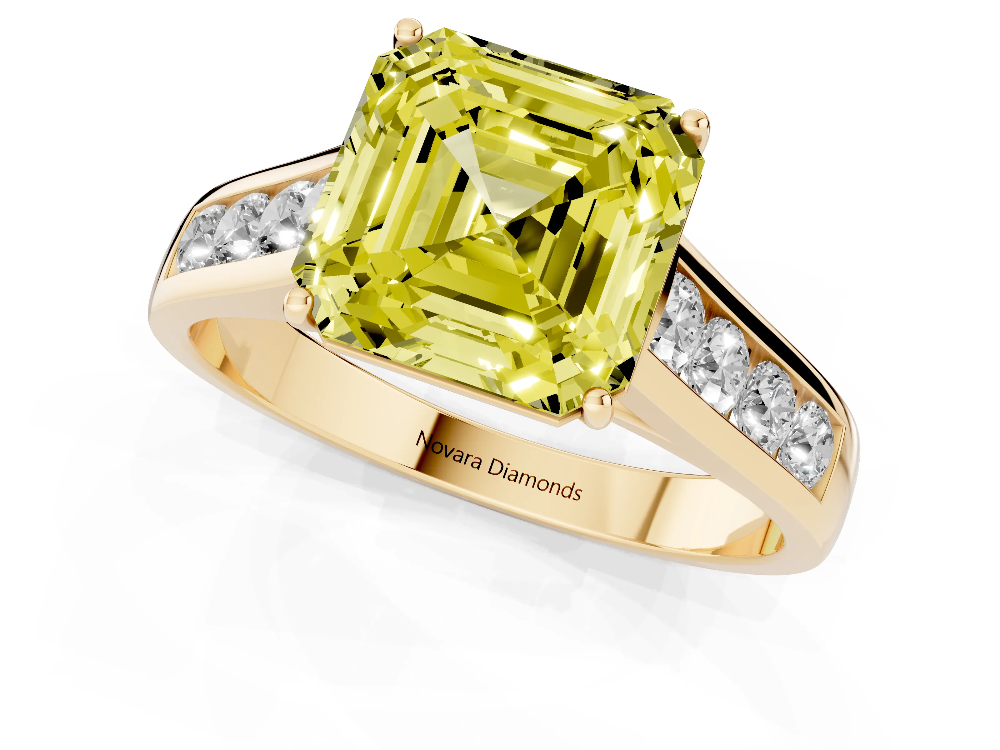 Fancy Yellow Asscher Cut Diamond Brilliant Channel-Set Solitaire Ring Set in Yellow gold with Prong Setting