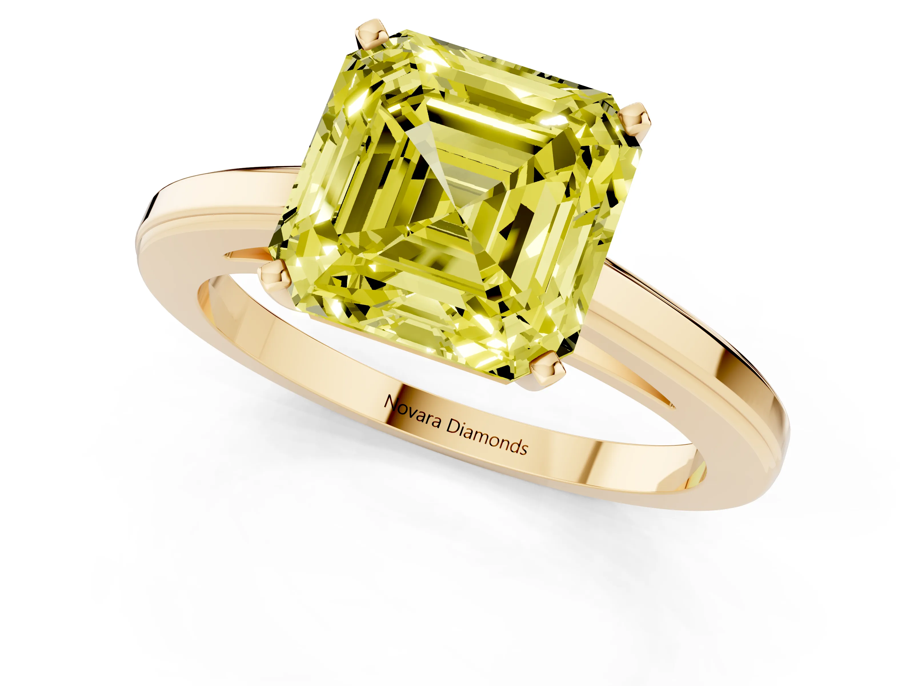 Fancy Yellow Asscher Cut Diamond Solitaire Ring Set in Yellow gold with Prong Setting and Classic Band