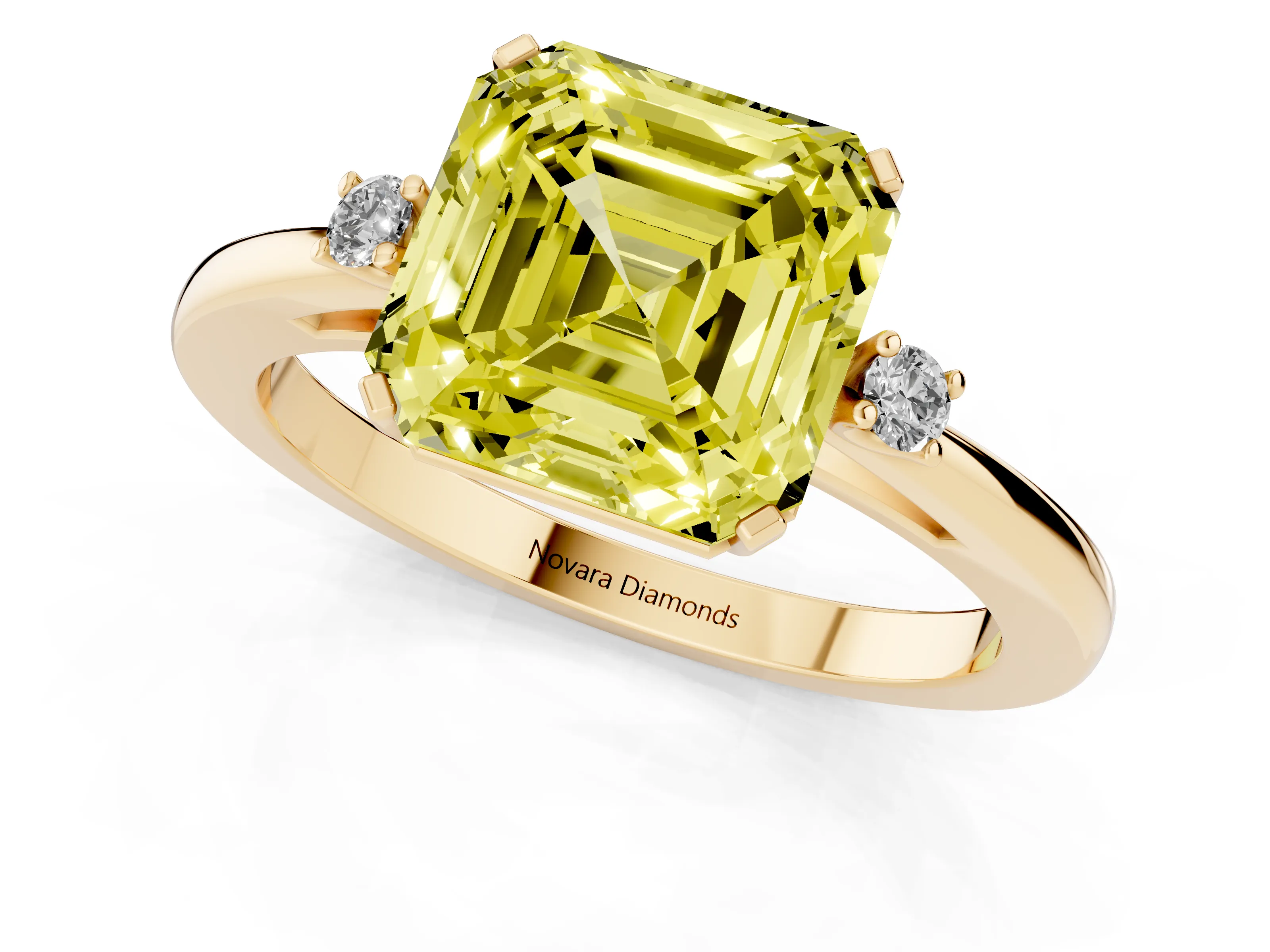 Fancy Yellow Three-Stone Asscher Cut Diamond Solitaire Ring Set in Yellow gold with Round Accent Stones and Prong Setting