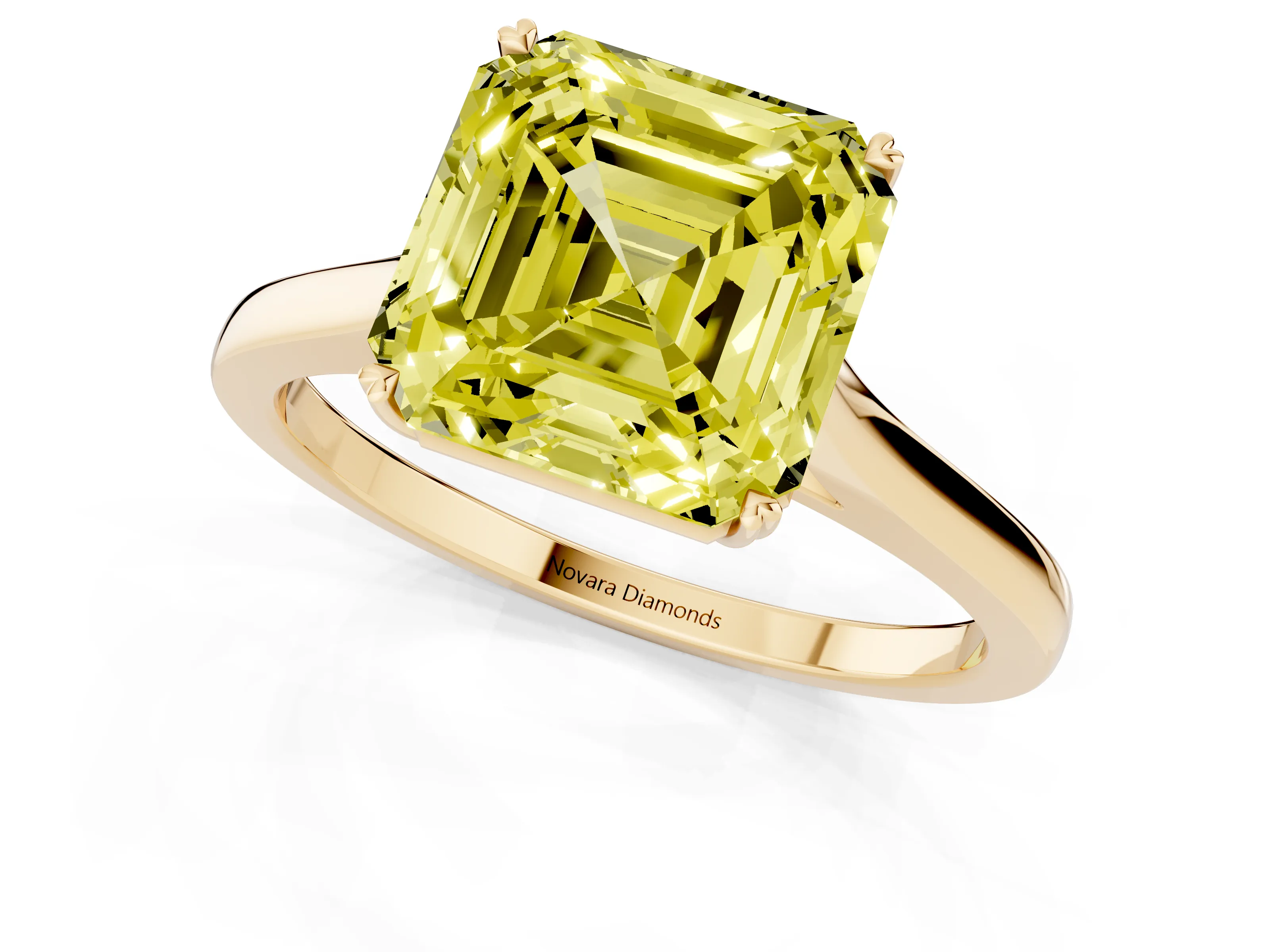 Fancy Yellow Asscher Cut Diamond Solitaire Heart Prong Engagement Ring Set in Yellow gold with Tapered Band