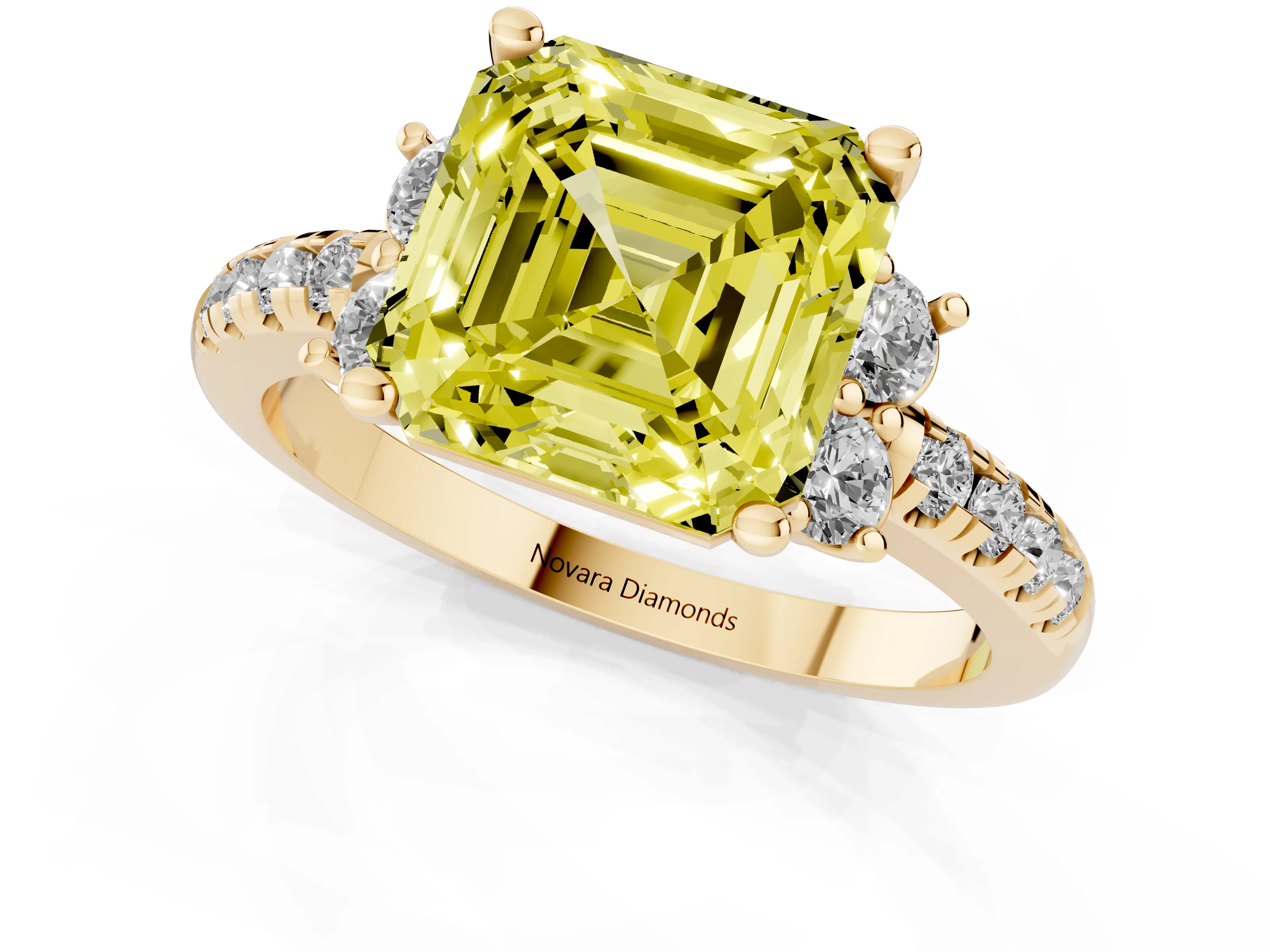 Fancy Yellow Asscher Cut Diamond Three-Stone Pavé Ring Set in Yellow gold with Prong Setting