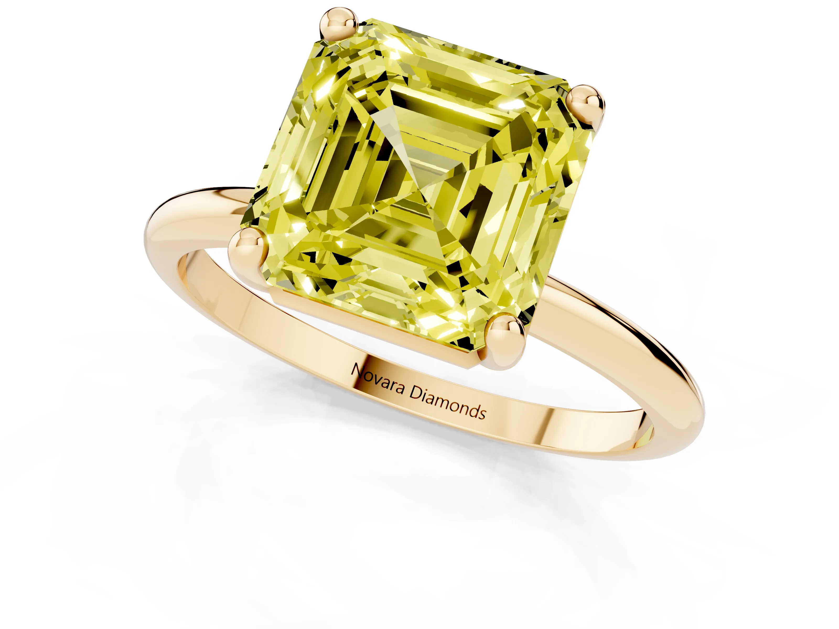 Fancy Yellow Asscher Cut Diamond Solitaire Ring Set in Yellow gold with Secure Prong Setting on a Classic Band