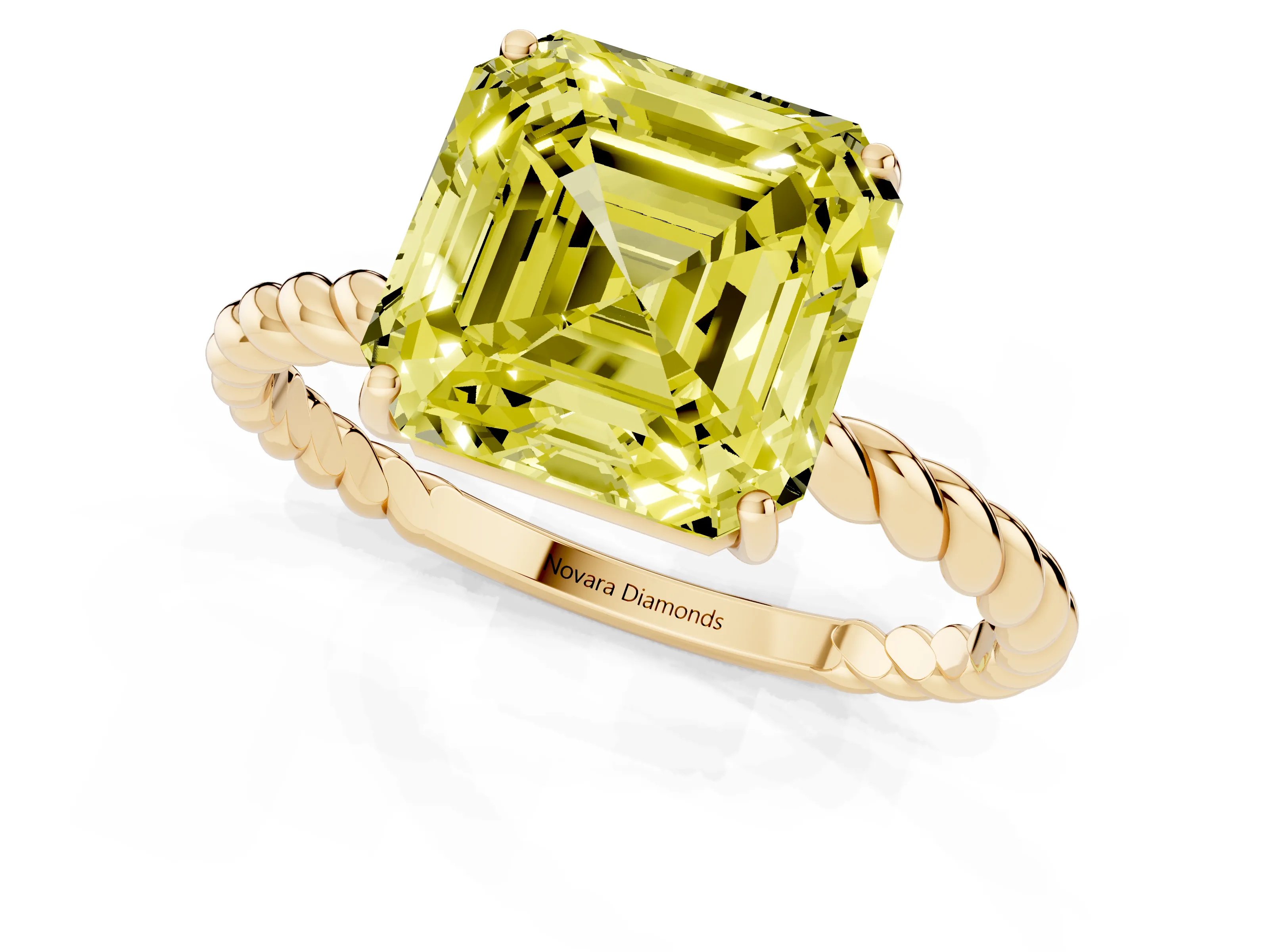 Fancy Yellow Asscher Cut Diamond Solitaire Ring Set in Yellow gold with Twist Band and Prong Setting