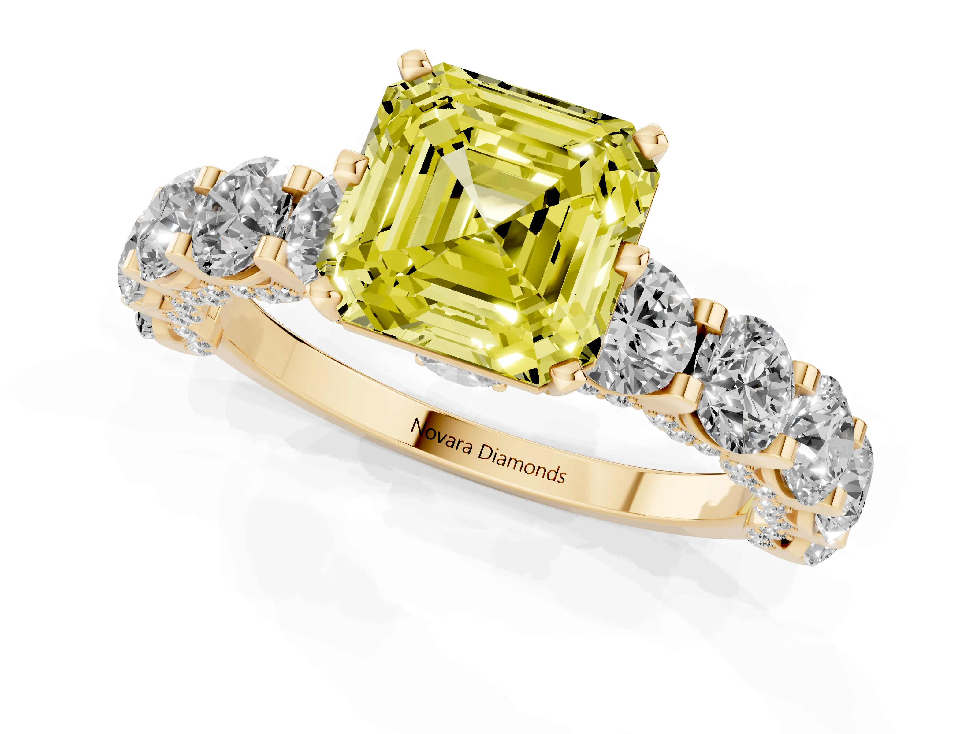 Fancy Yellow Asscher Cut Diamond Side Stone Ring Set in Yellow gold with Alternating Round and Oval Side Stones – second view