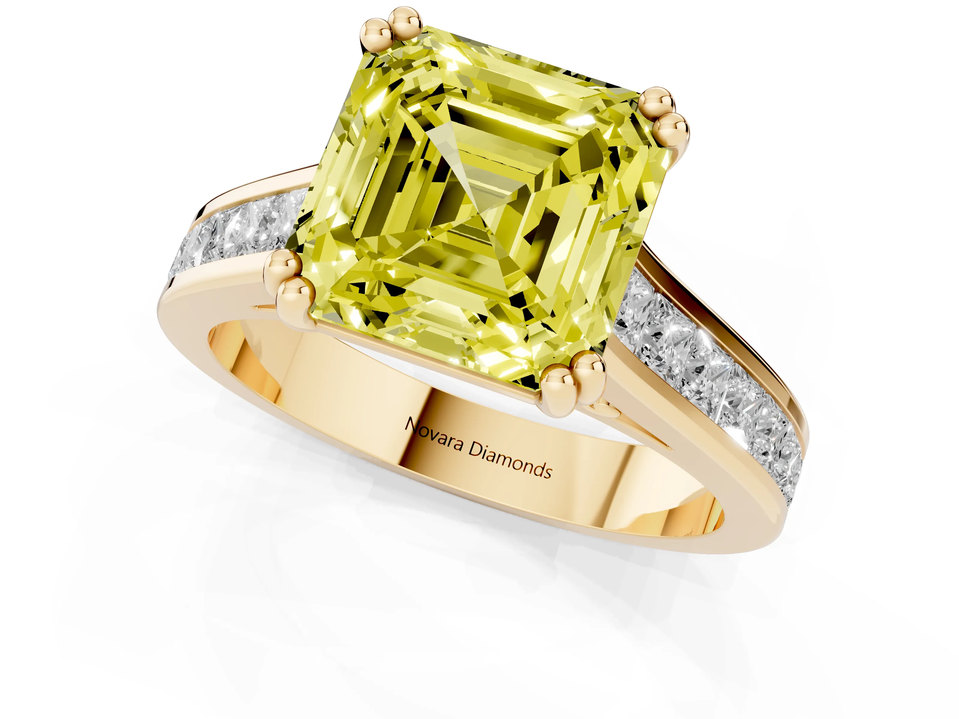 Fancy Yellow Asscher Cut Diamond Channel Set Solitaire Engagement Ring Set in Yellow gold with Prong Setting – second view