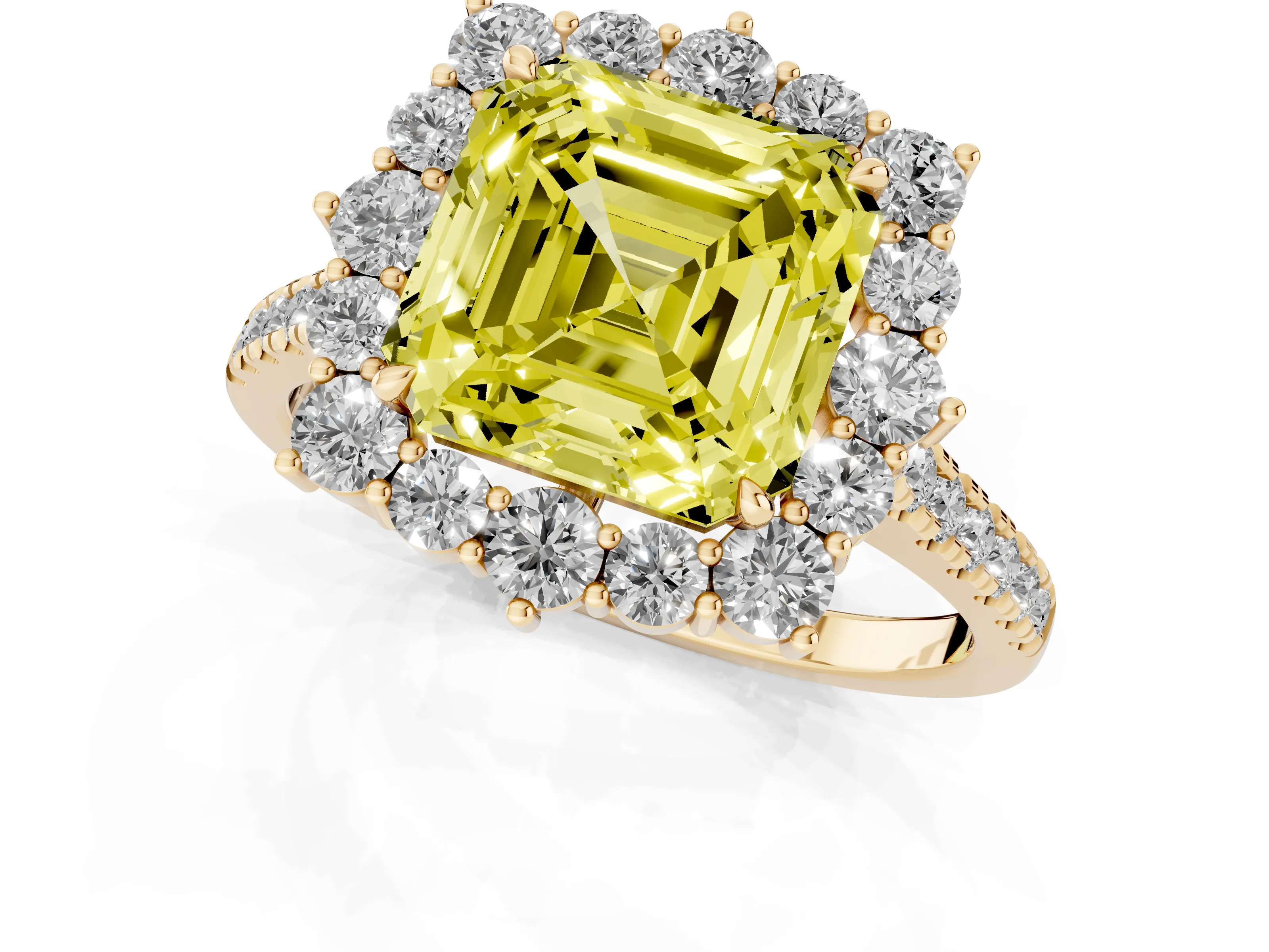 Fancy Yellow Asscher Cut Diamond Halo Ring Set in Yellow gold with Pavé Band and Prong Setting