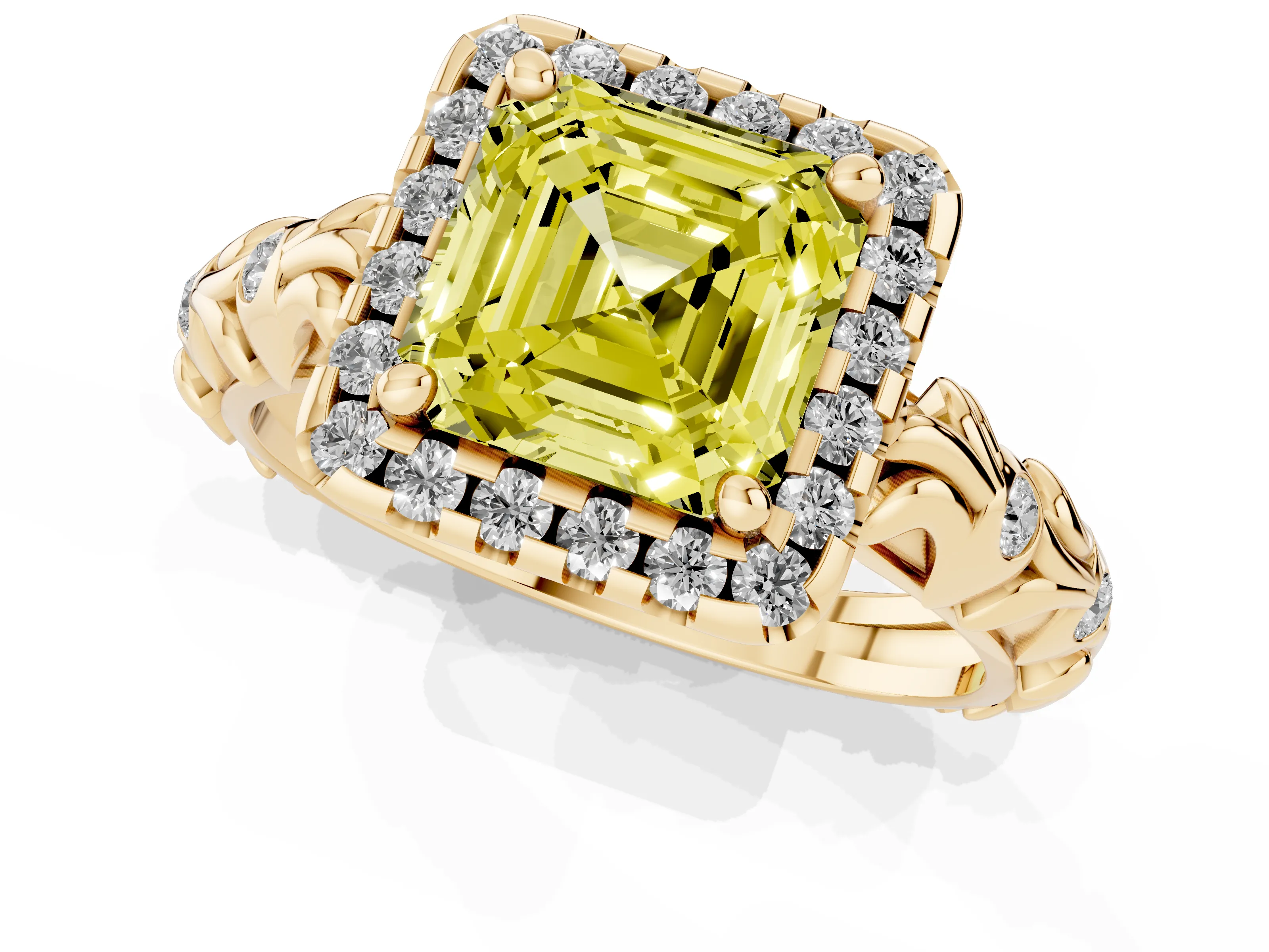 Fancy Yellow Asscher Cut Diamond Halo Ring Set in Yellow gold with Filigree Leaf Band and Prong Setting