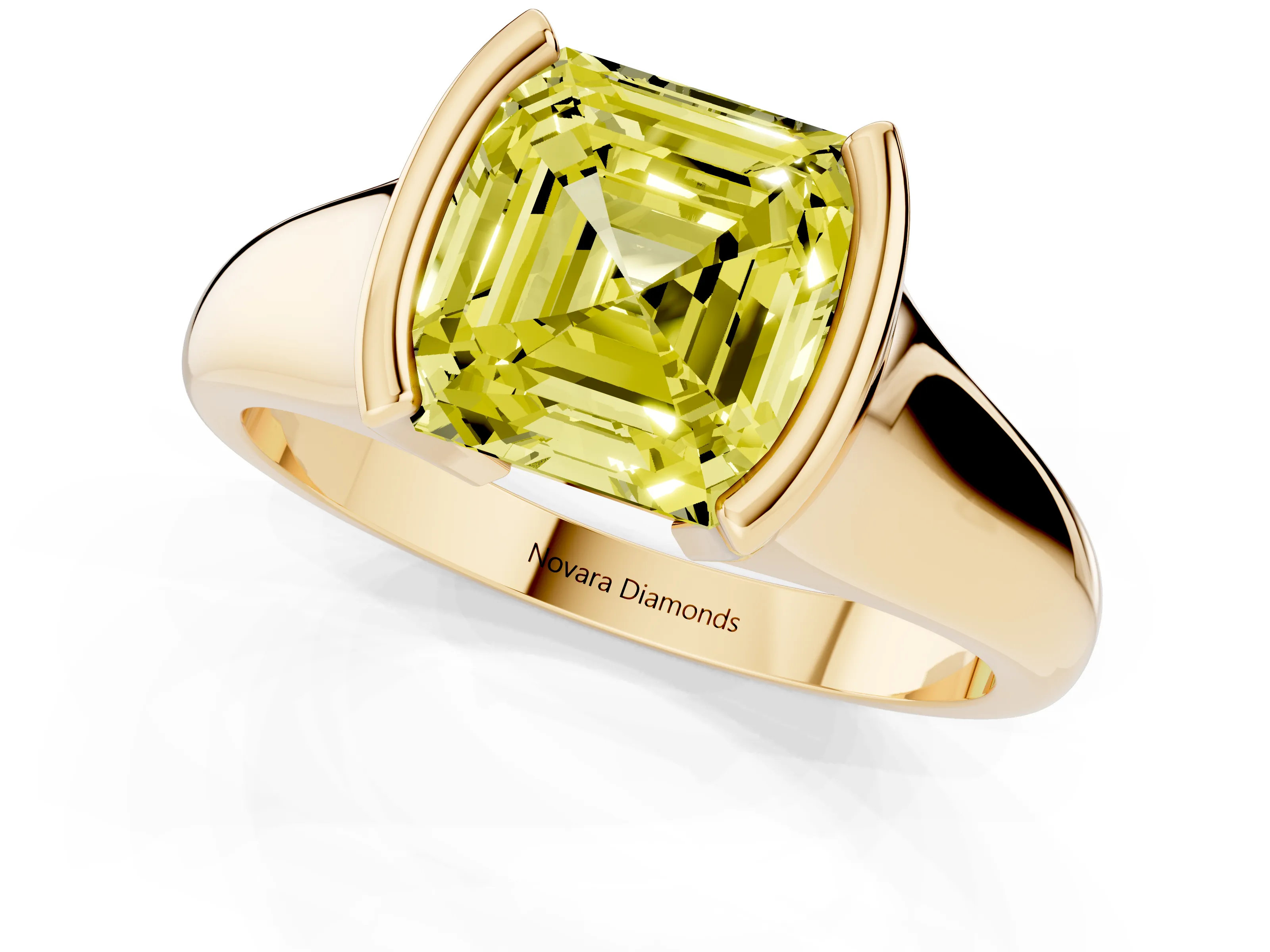 Fancy Yellow Asscher Cut Diamond Solitaire Tension Set Ring Set in Yellow gold with Split Shank Band