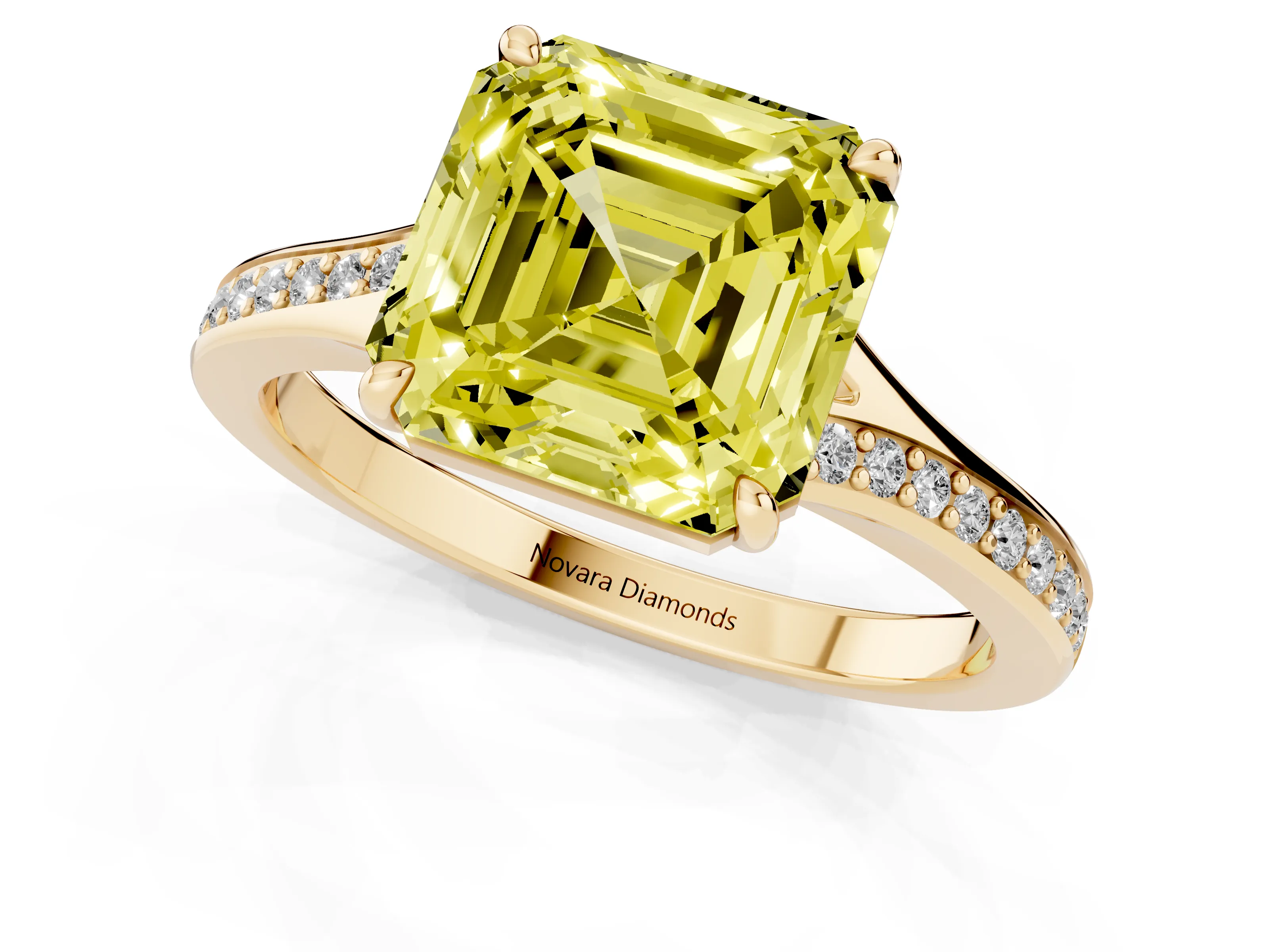 Fancy Yellow Asscher Cut Diamond Solitaire Ring Set in Yellow gold with Pavé Accent Band and Classic Prong Setting