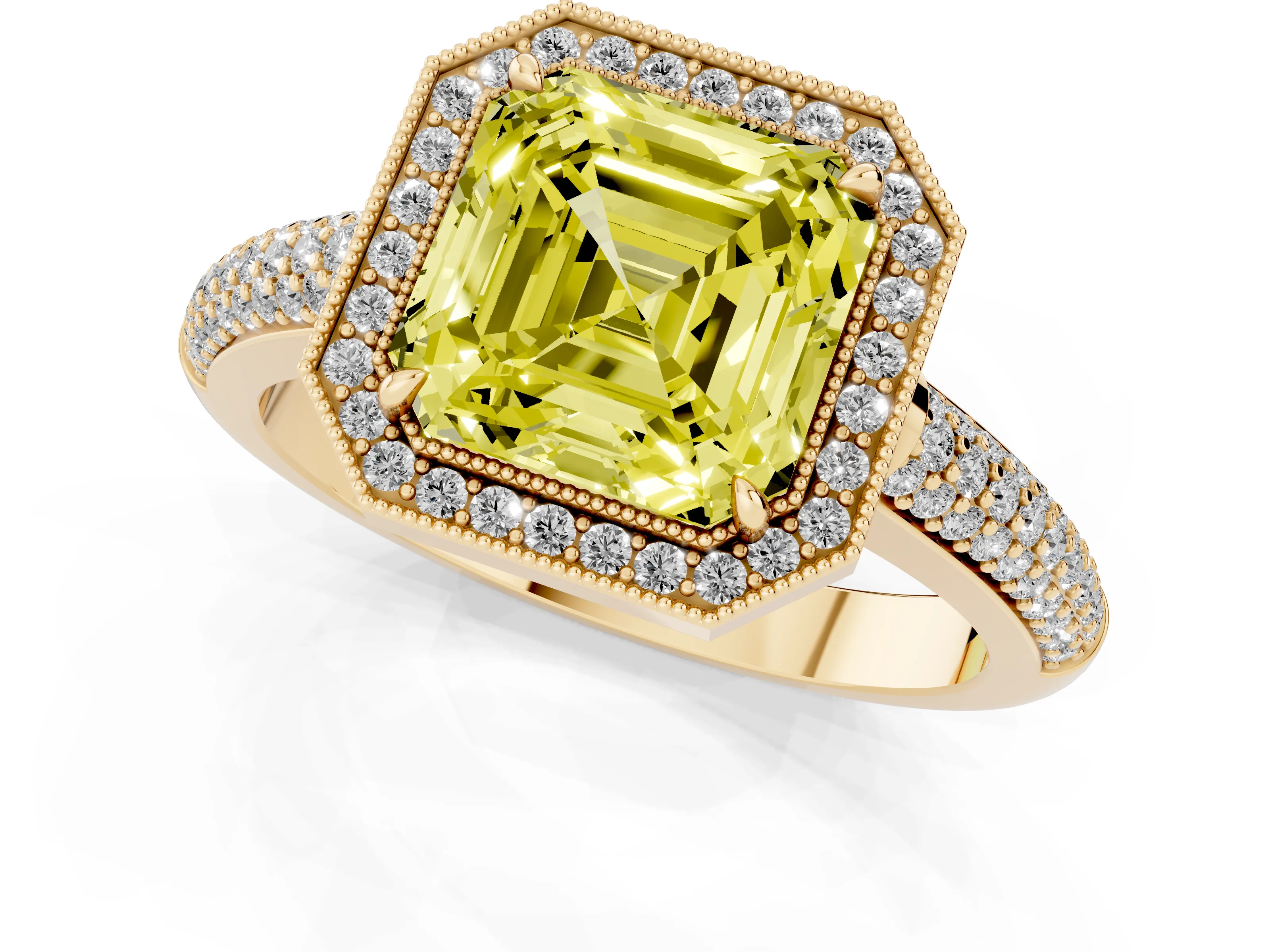 Fancy Yellow Asscher Cut Diamond Halo Pavé Band Set in Yellow gold with Prong Setting