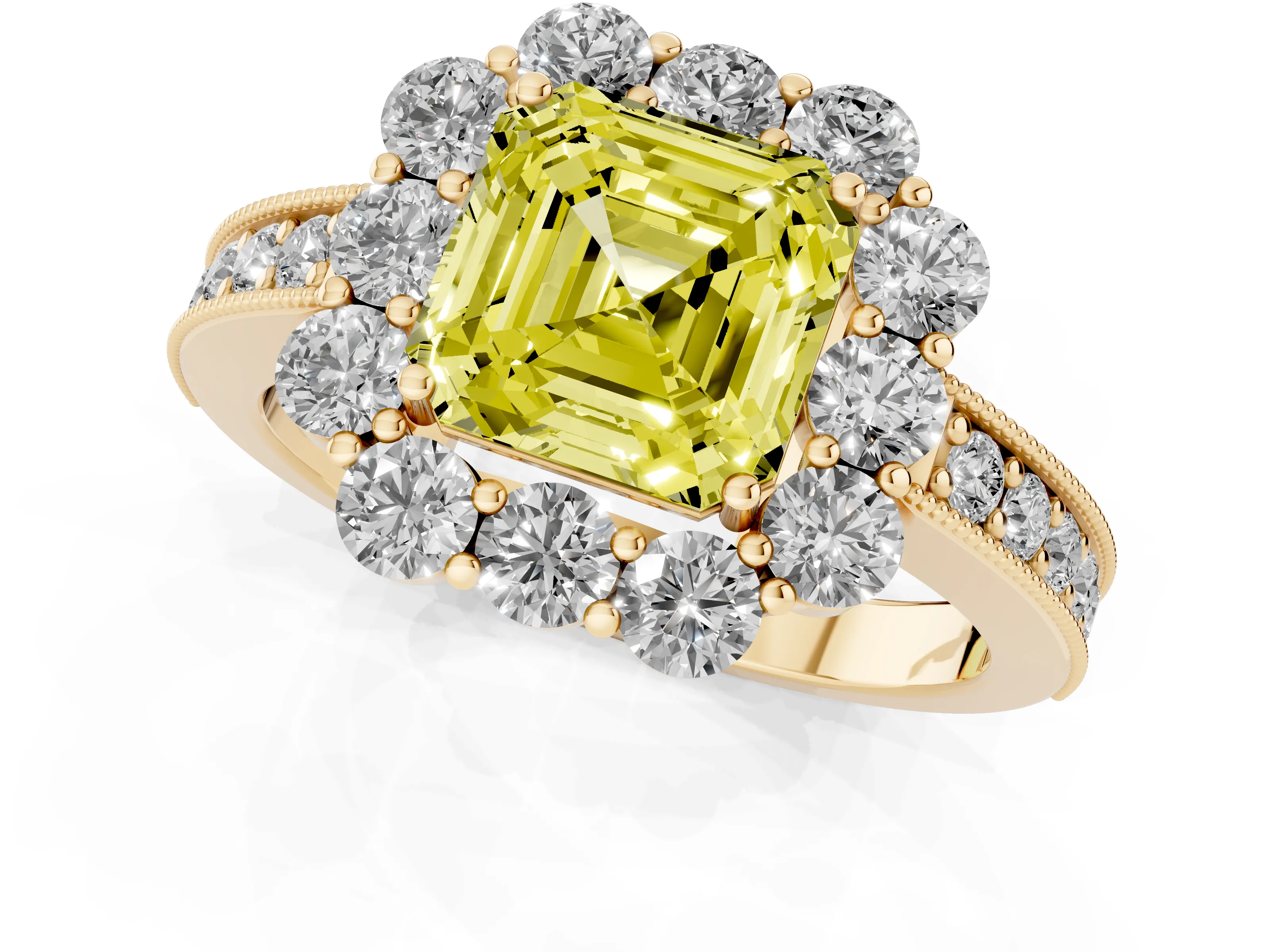 Fancy Yellow Asscher Cut Diamond Halo Pavé Engagement Ring Set in Yellow gold with Milgrain Detailing