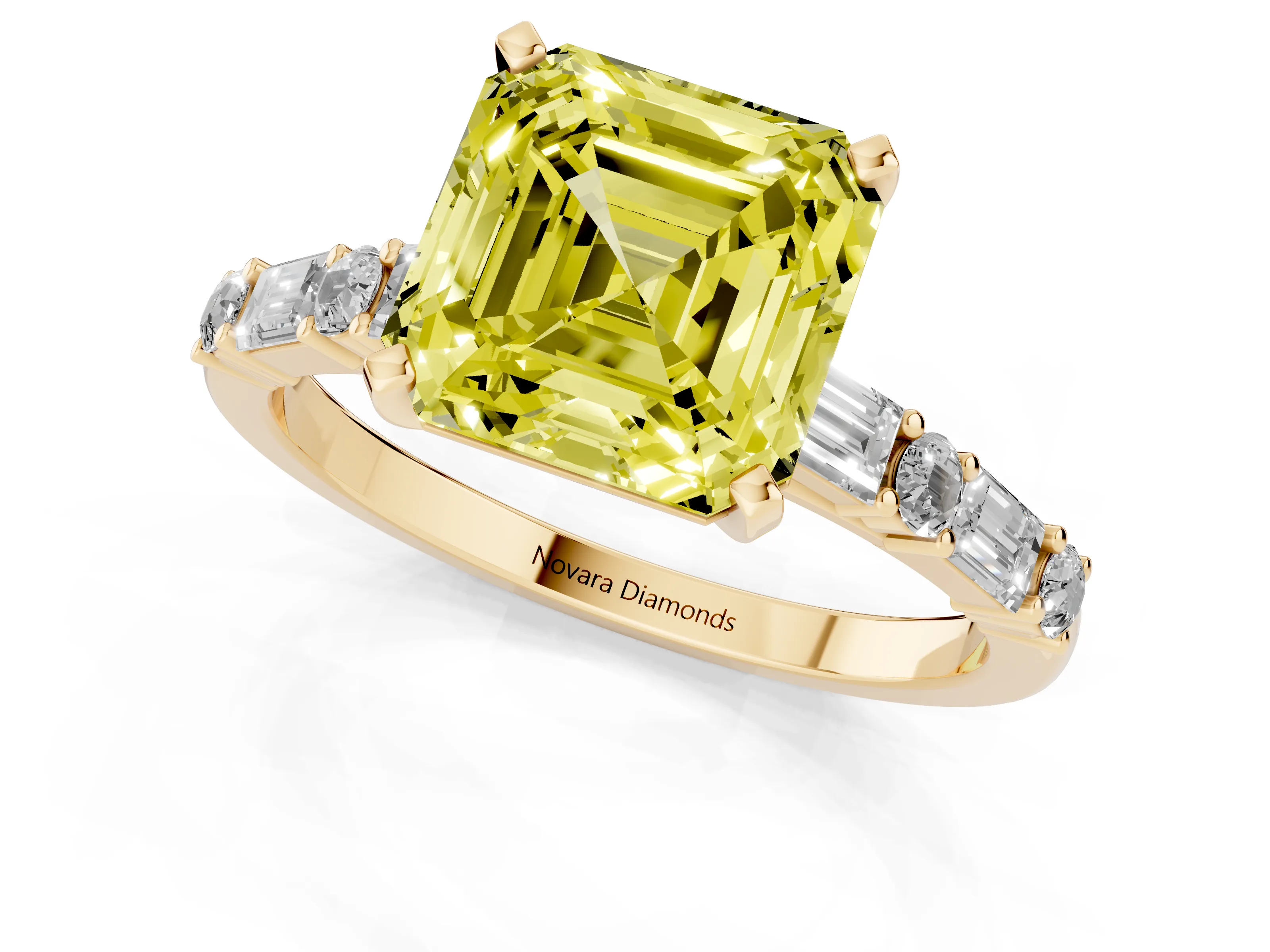 Fancy Yellow Asscher Cut Diamond Solitaire Set in Yellow gold with Side Baguettes and Channel Set Band