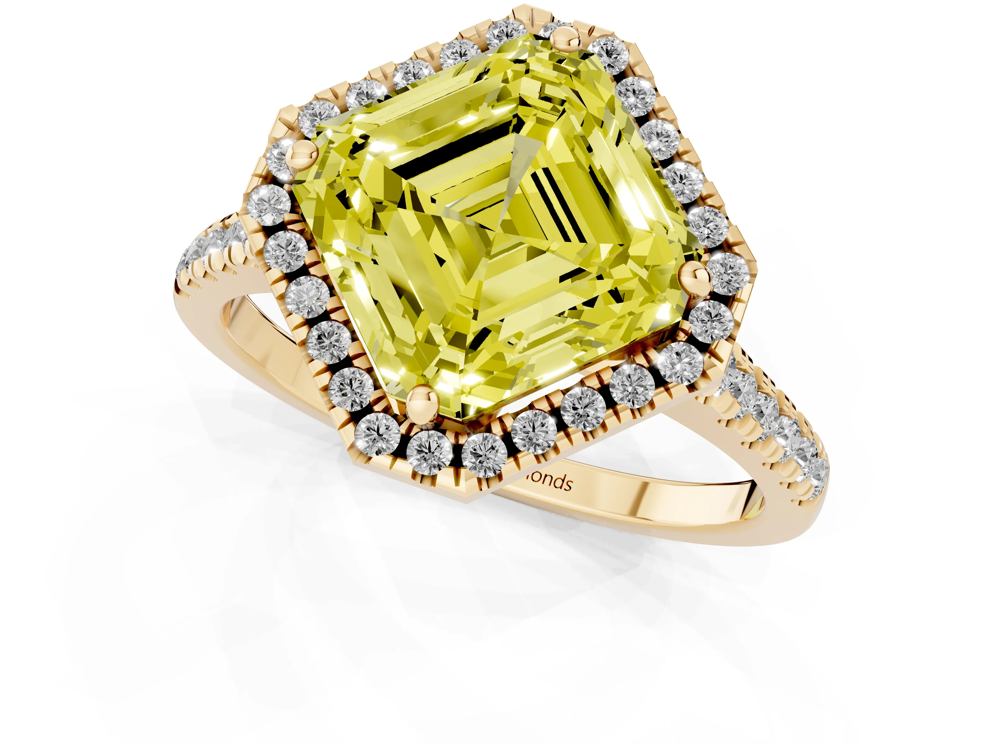 Fancy Yellow Asscher Cut Diamond Cushion Halo Ring Set in Yellow gold with Pavé Band