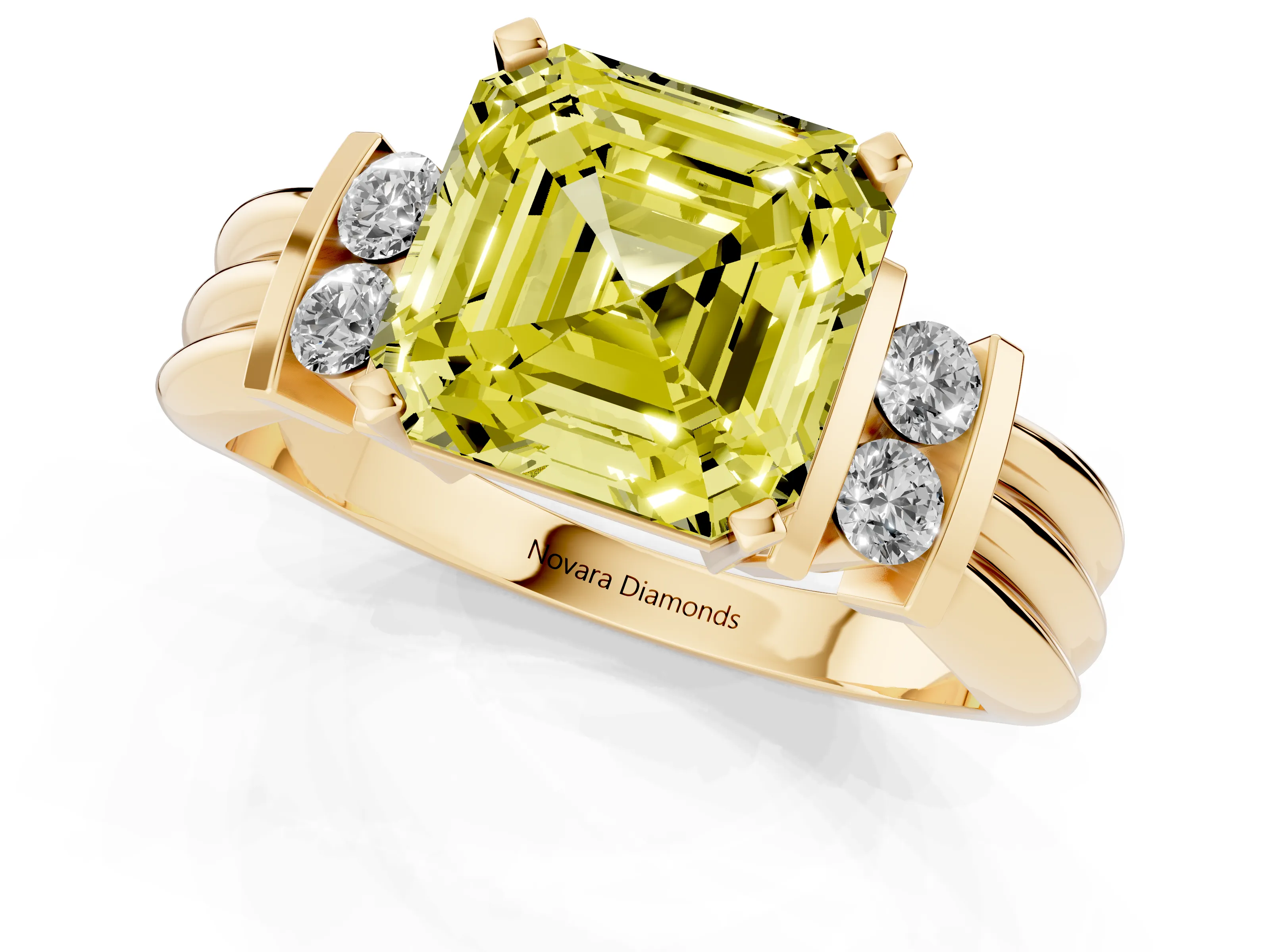 Fancy Yellow Three-Stone Asscher Cut Diamond Channel Set Ring Set in Yellow gold with Bar Prongs