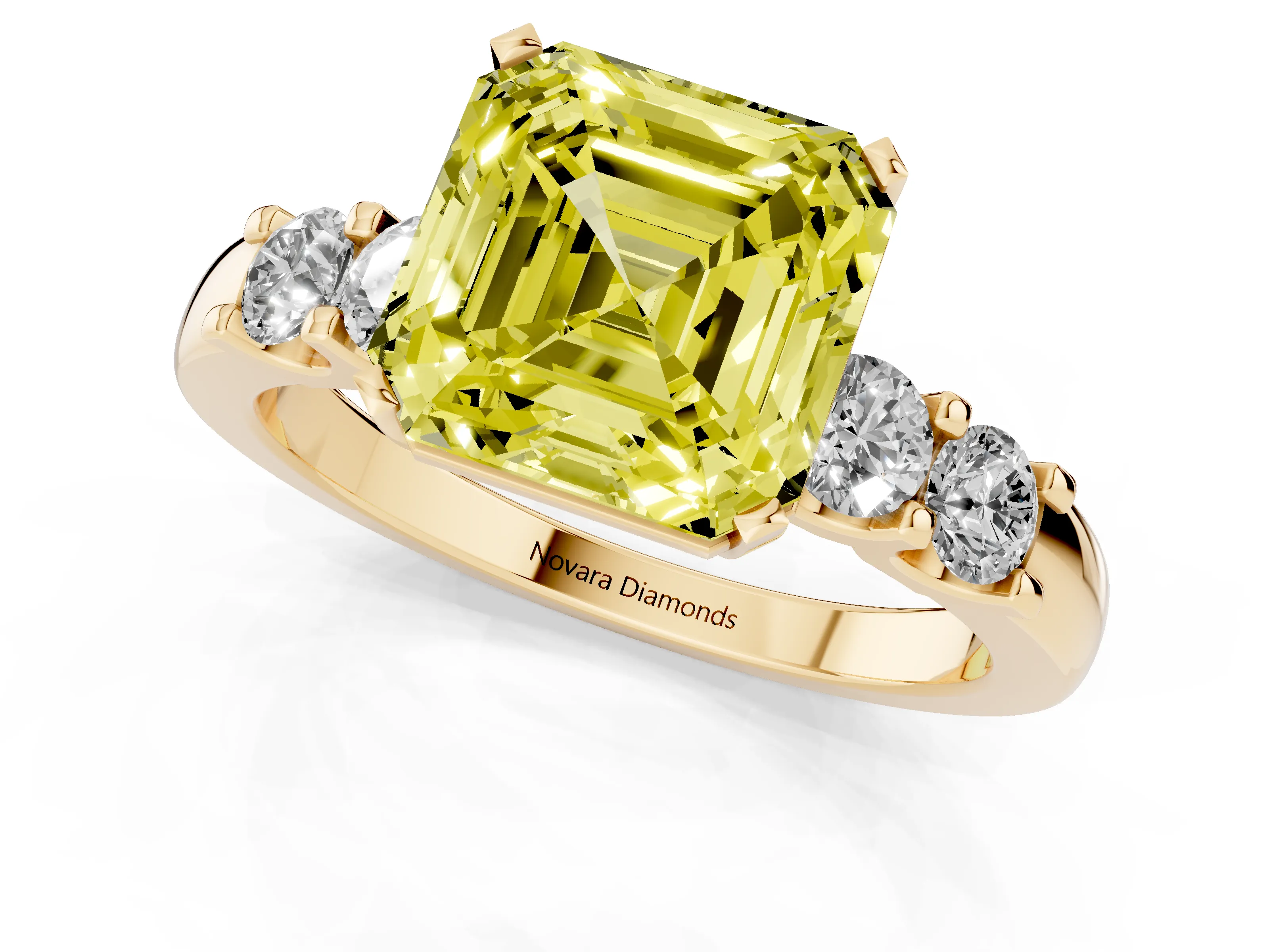 Fancy Yellow Asscher Cut Diamond Five-Stone Prong Set Engagement Ring Set in Yellow gold with Channel Band
