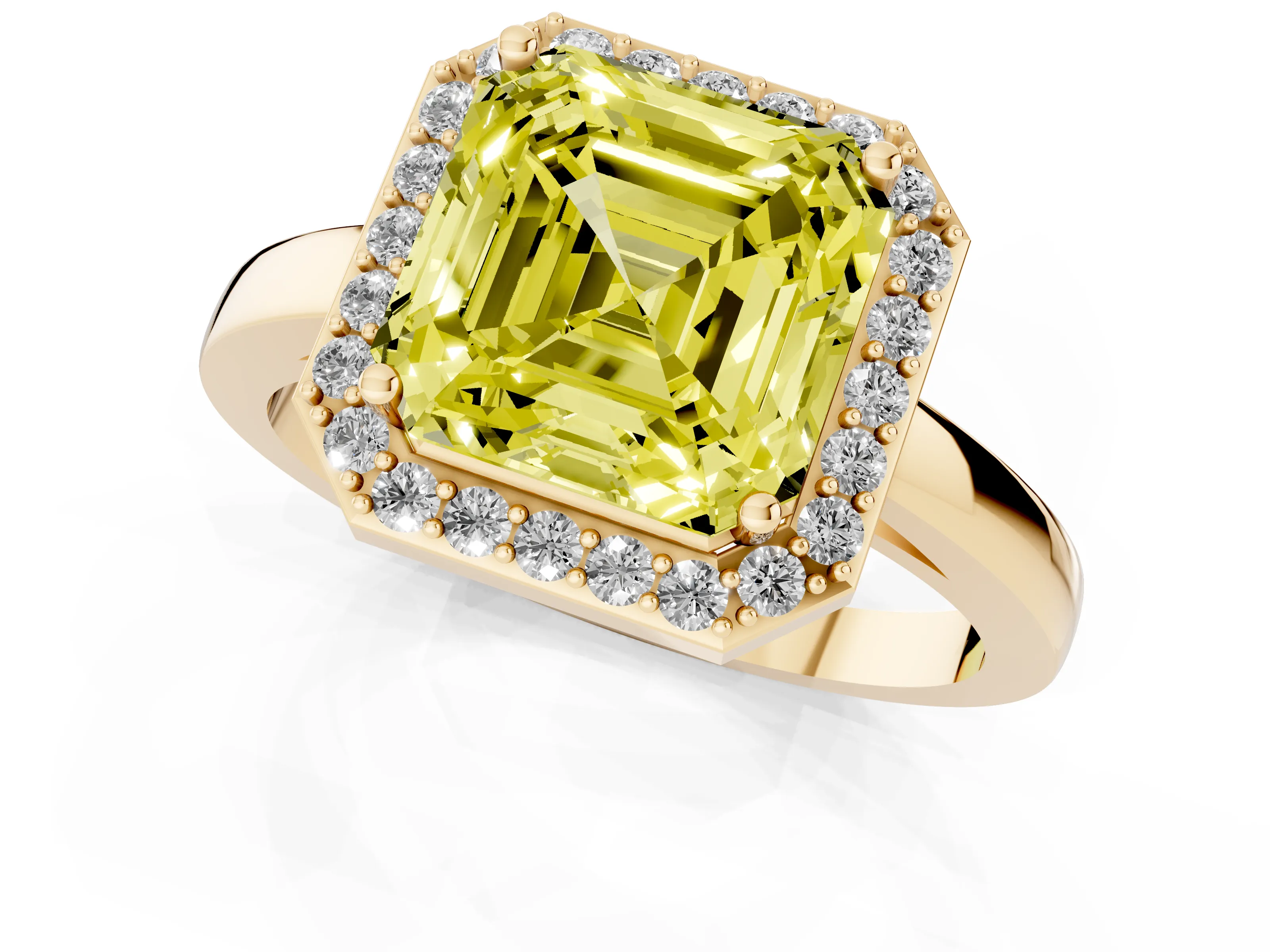 Fancy Yellow Asscher Cut Diamond Halo Ring Set in Yellow gold with Solitaire Band and Prong Setting