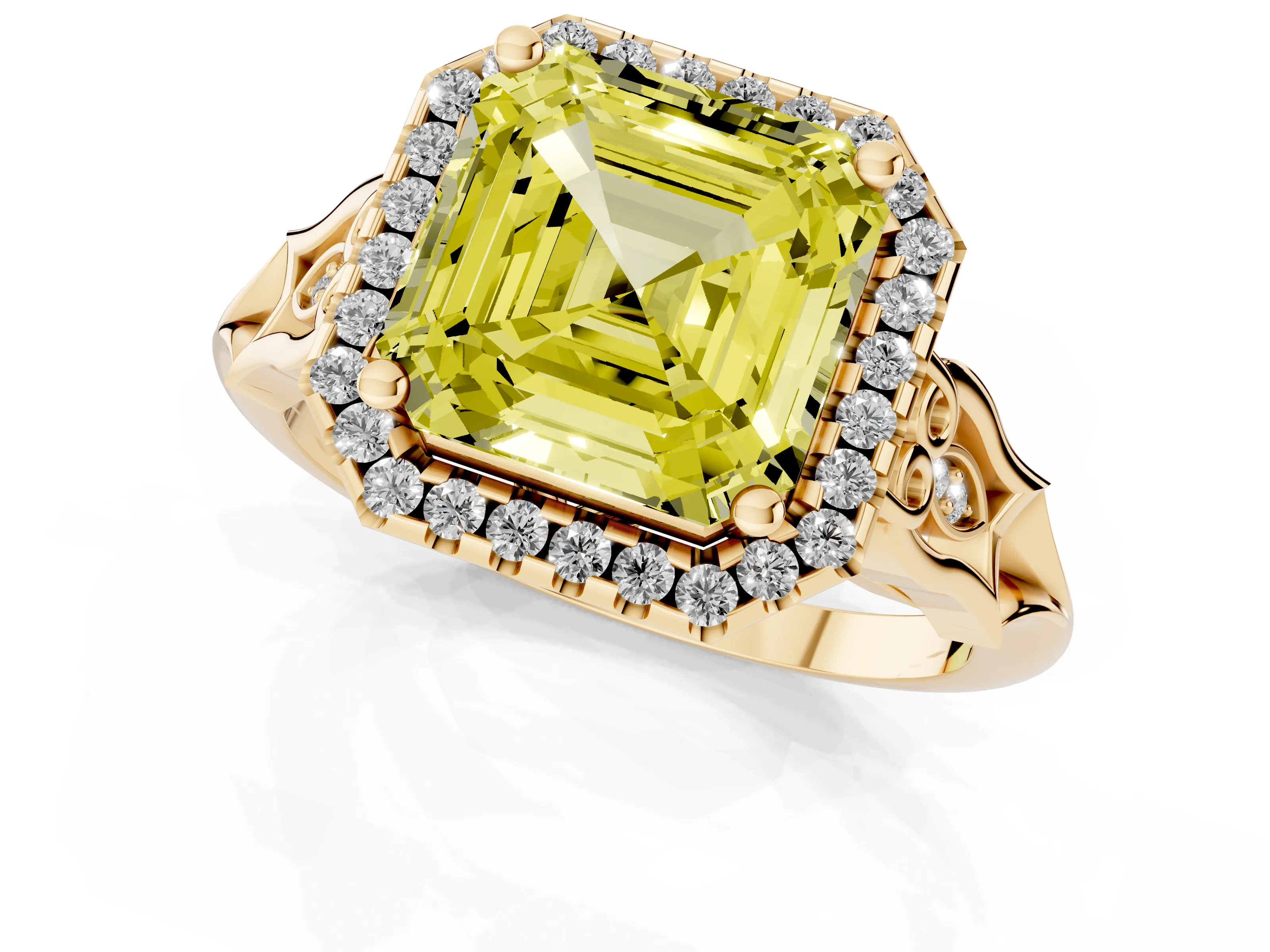 Fancy Yellow Asscher Cut Diamond Halo Engagement Ring Set in Yellow gold with Filigree Band and Prong-Set Center