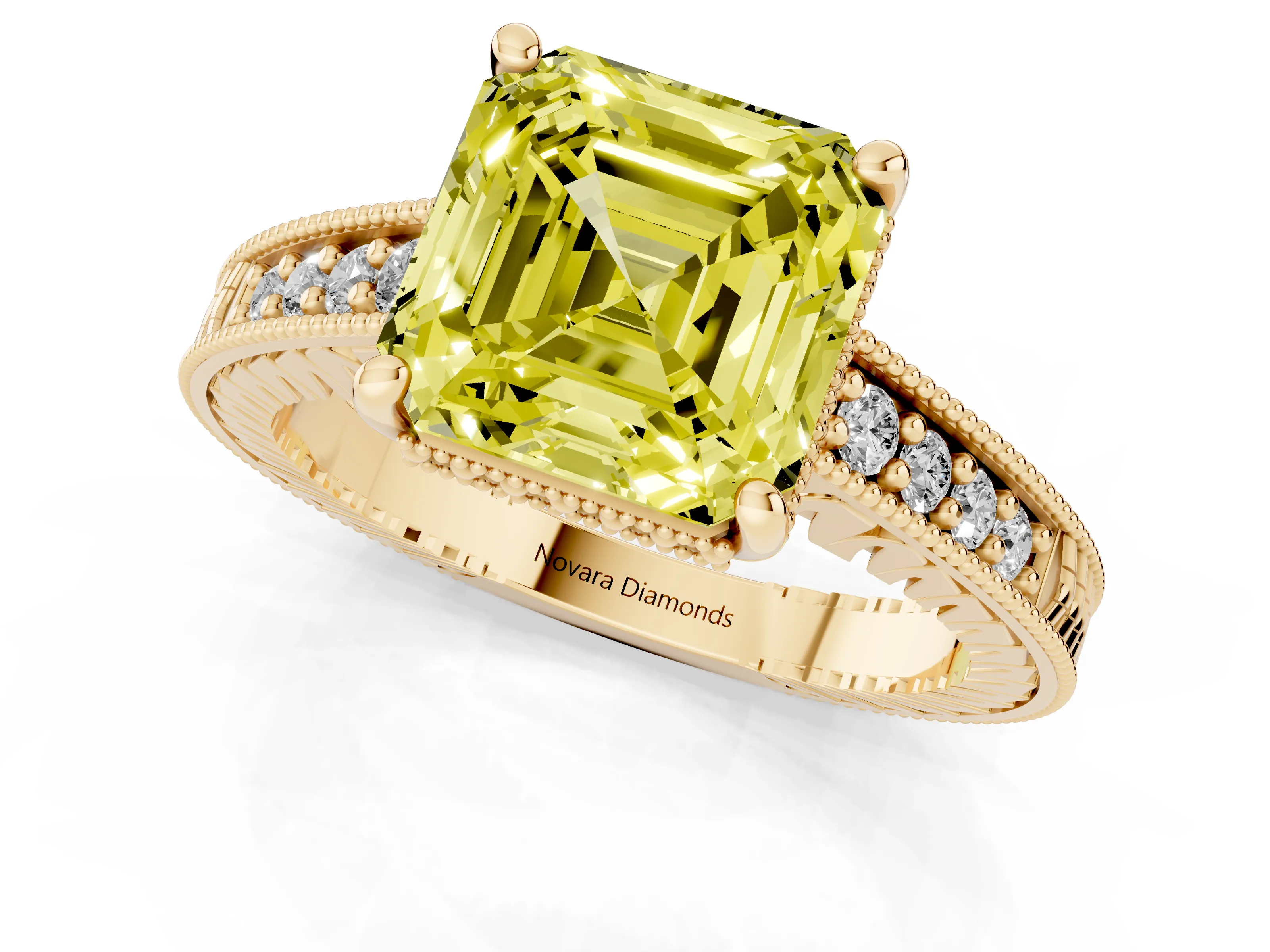 Fancy Yellow Asscher Cut Diamond Solitaire Pavé Milgrain Engagement Ring Set in Yellow gold with Prong Setting