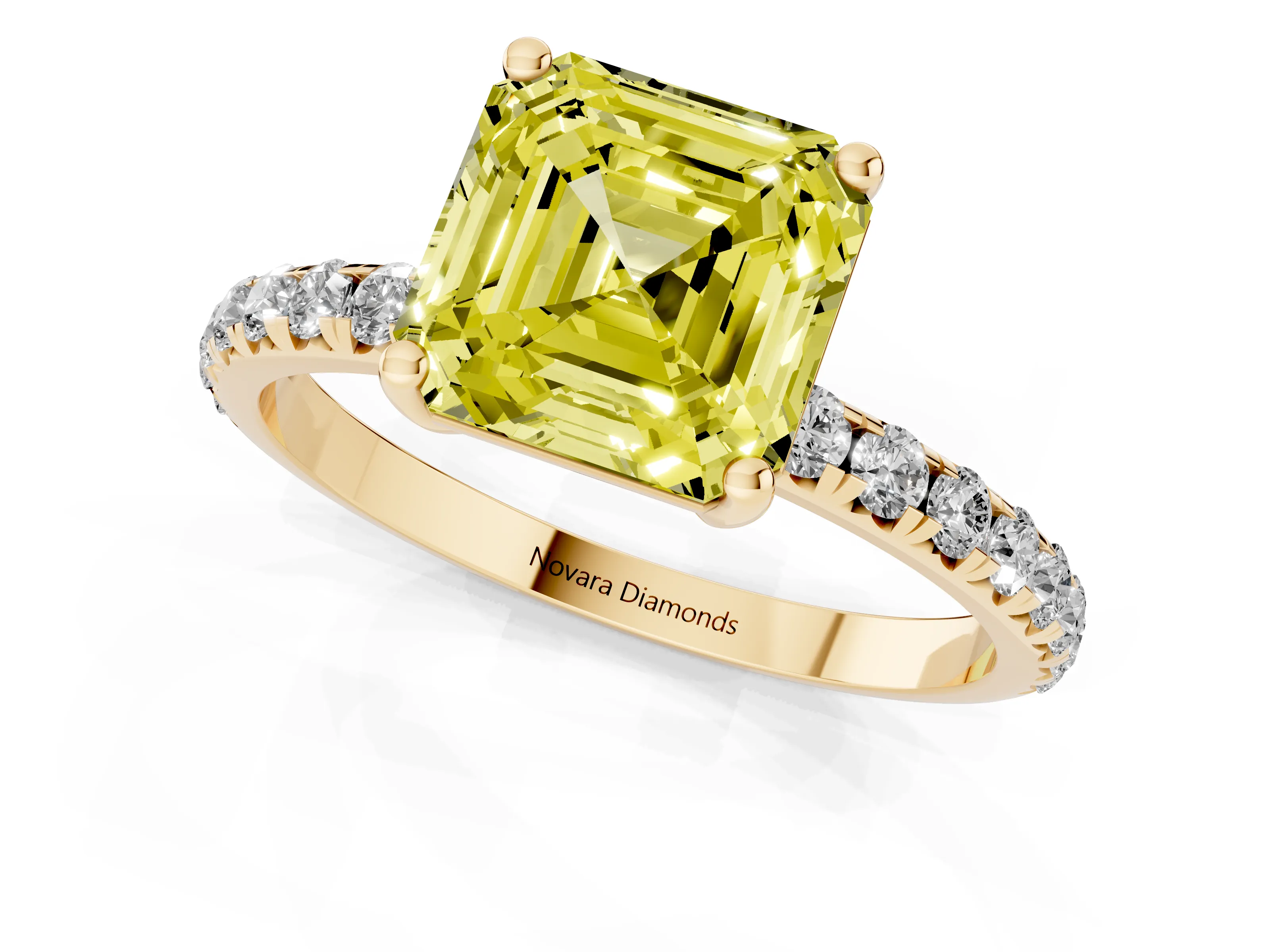 Fancy Yellow Asscher Cut Diamond Solitaire Ring Set in Yellow gold with Micro Pavé Band and Prong Setting