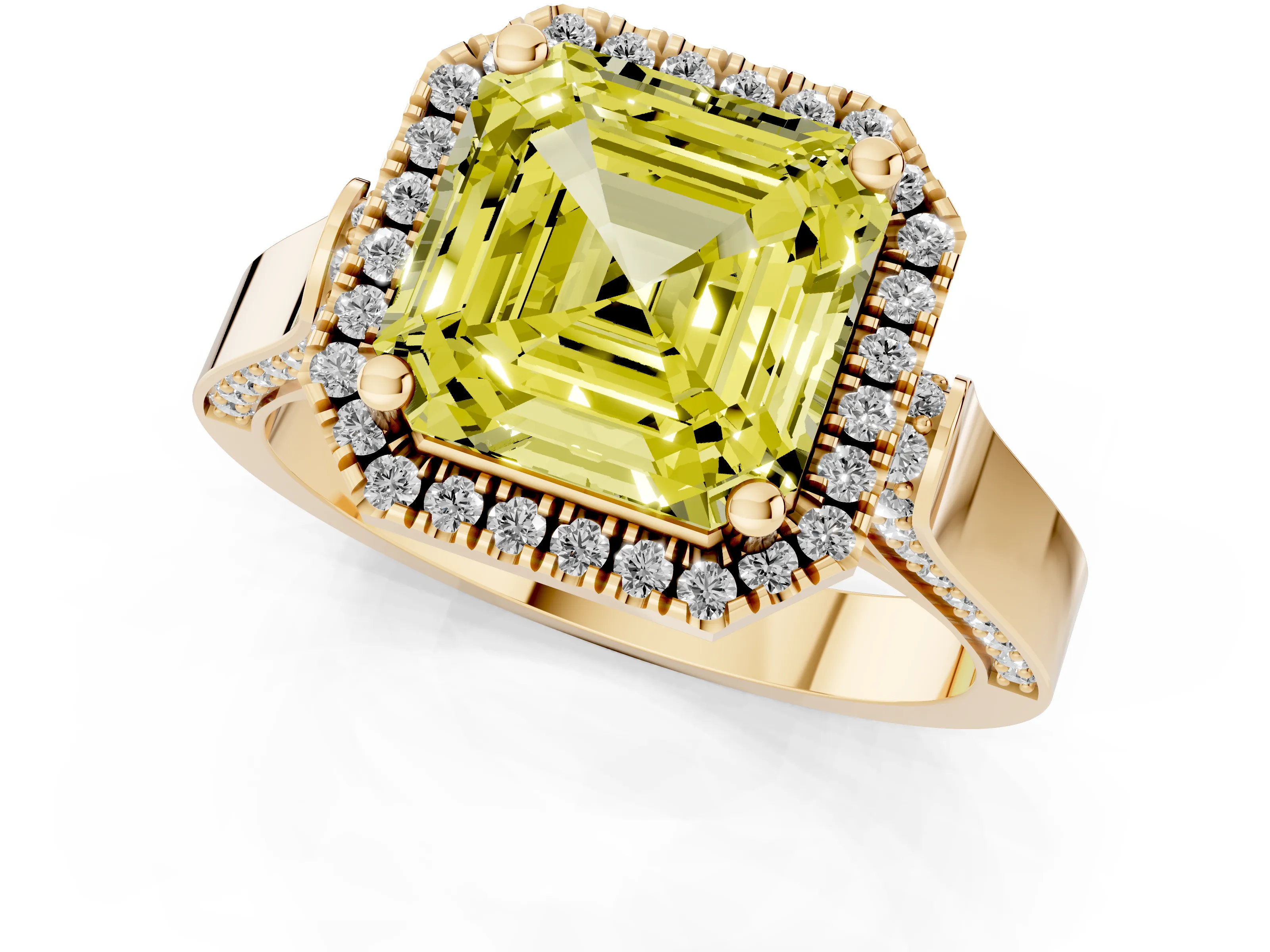 Fancy Yellow Asscher Cut Diamond Halo Ring Set in Yellow gold with Pavé-Lined Split Shank Band