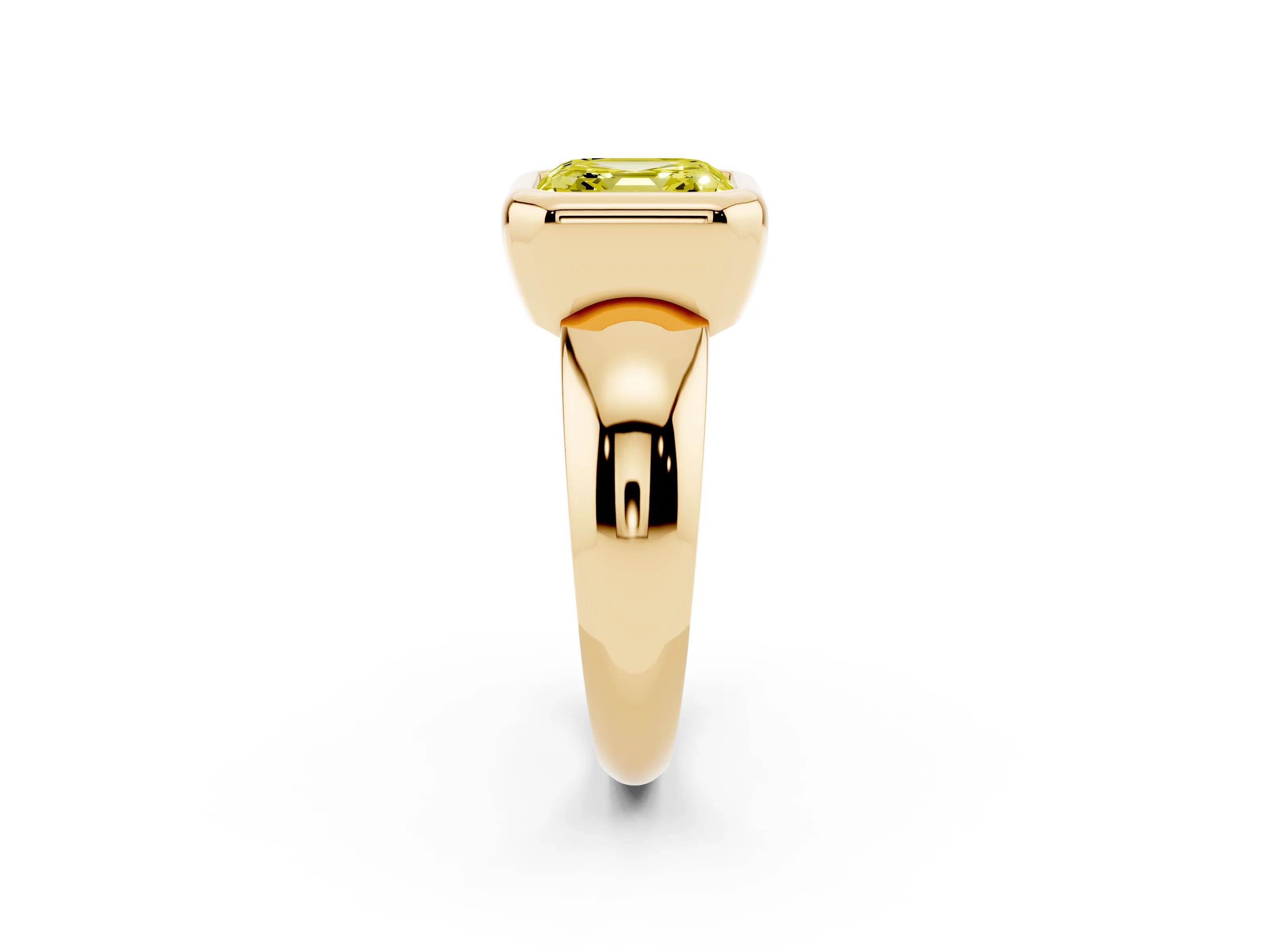Fancy Yellow Bezel Set Asscher Cut Diamond Solitaire Ring Set in Yellow gold with Wide Band