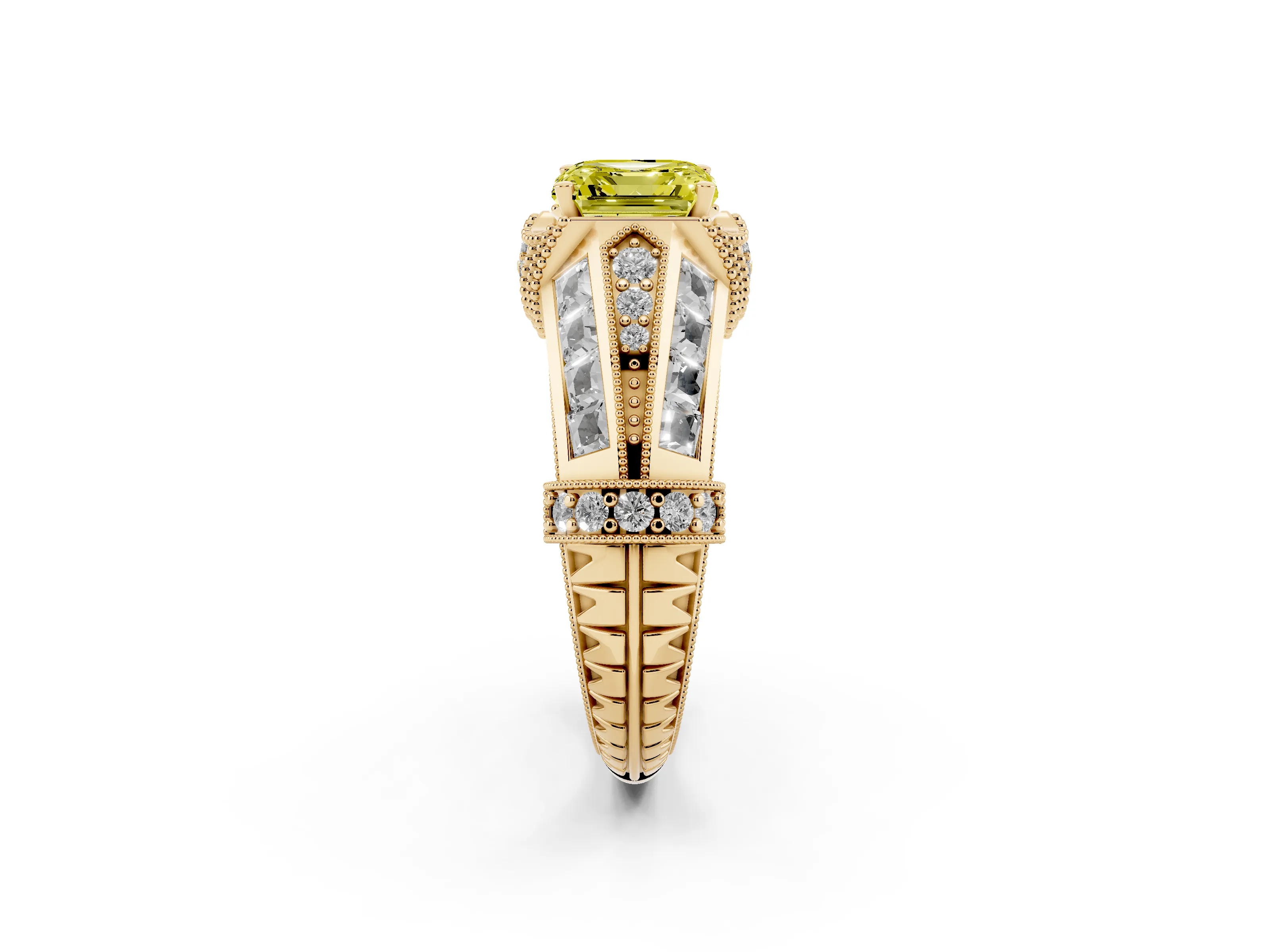 Fancy Yellow Asscher Cut Diamond Vintage-Inspired Milgrain Ring Set in Yellow gold with Accent Split Shank