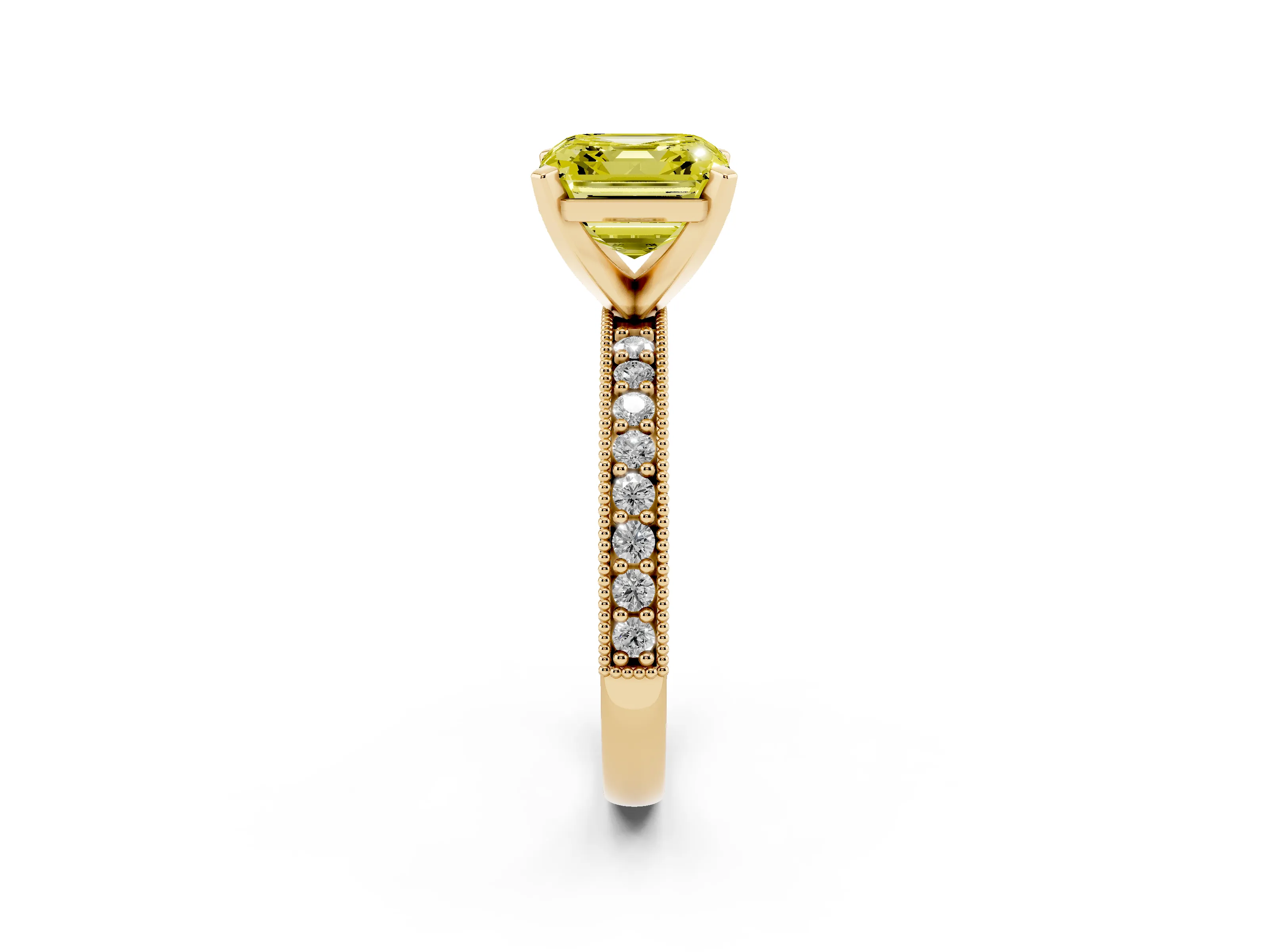 Fancy Yellow Asscher Cut Diamond Milgrain Pavé Engagement Ring Set in Yellow gold with Prong Setting